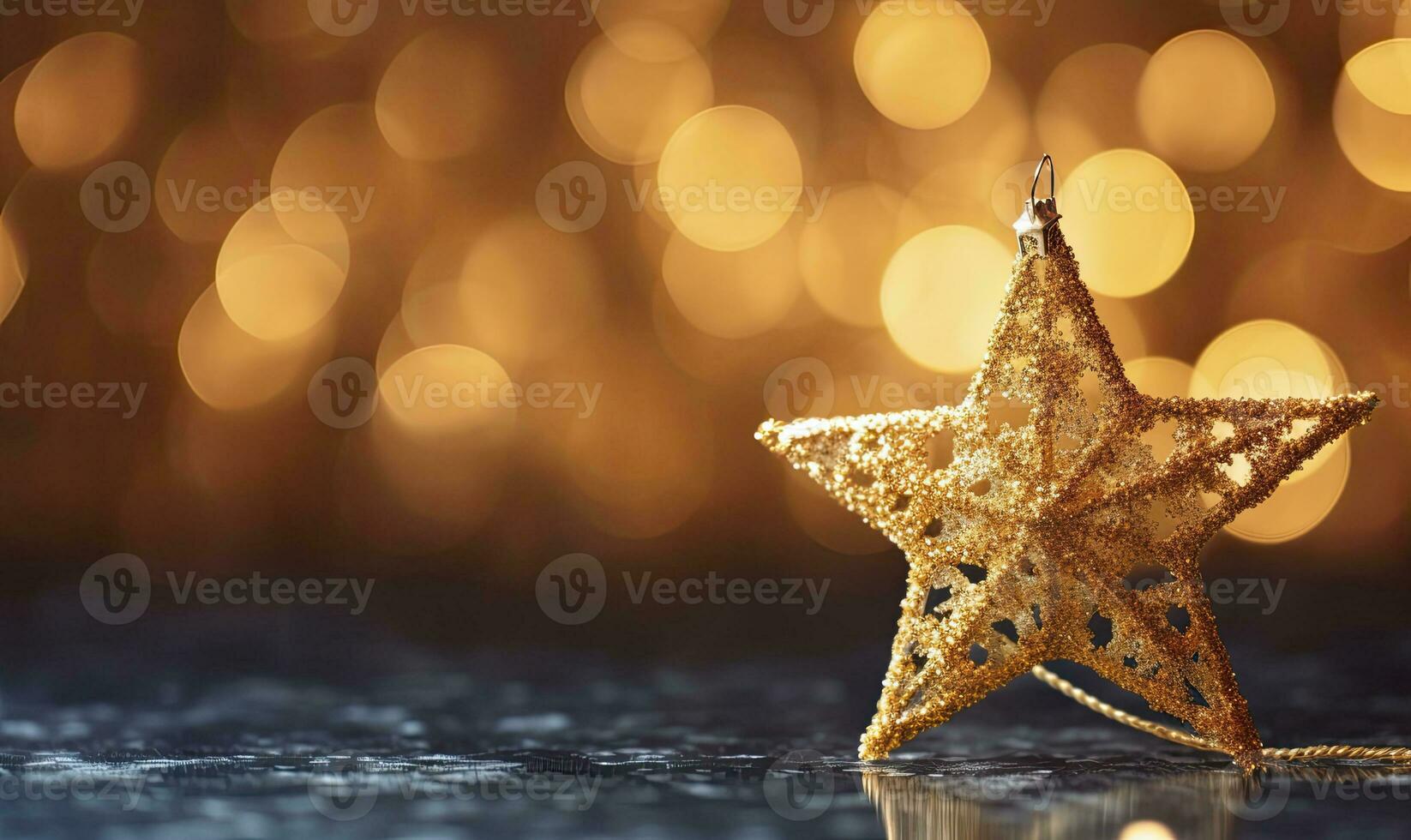 AI generated Sparkling Golden Christmas Star. Ornament Decoration Defocused Bokeh Background. AI Generated photo