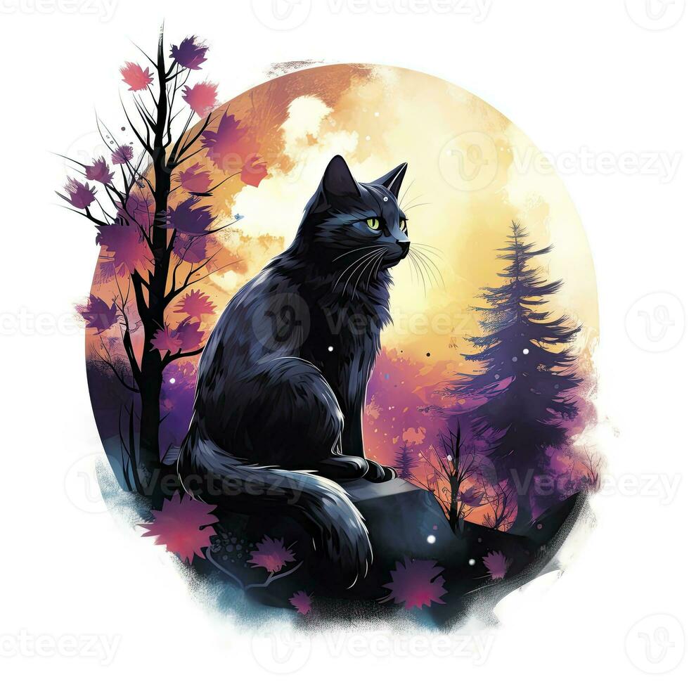 AI generated Black Cat in Moonlit Forest. Watercolor for T-shirt design. AI Generated photo