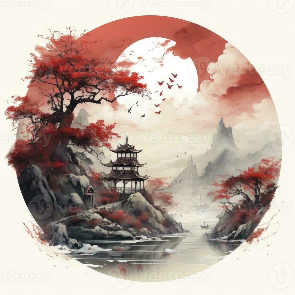 AI generated Chinese ink painting. T-shirt Design. AI Generated photo