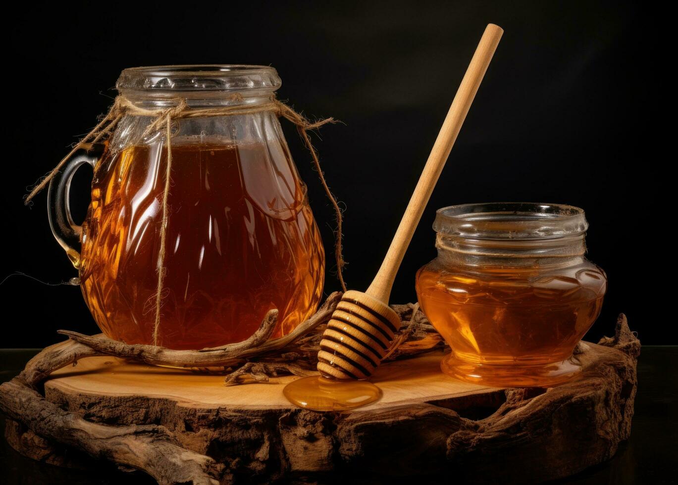 AI generated there are two jars containing raw honey and a wooden stick photo