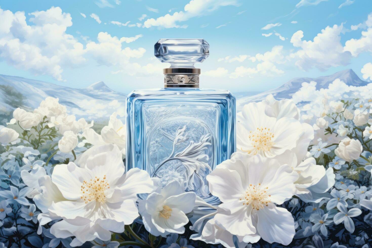 AI generated some bottle of perfume on a background of white flowers photo