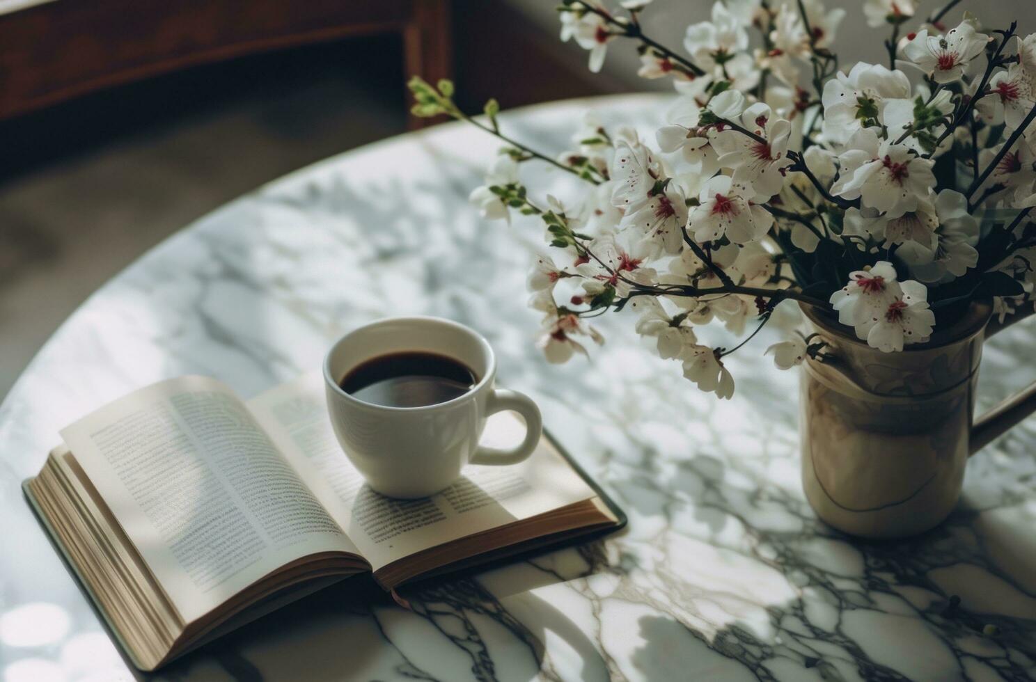AI generated the book and coffee on the table with flowers is beautiful photo