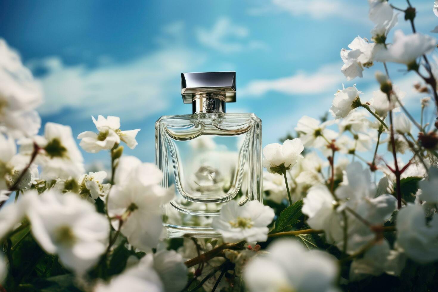 AI generated the bottle of perfume is sitting on a flower among white flowers photo