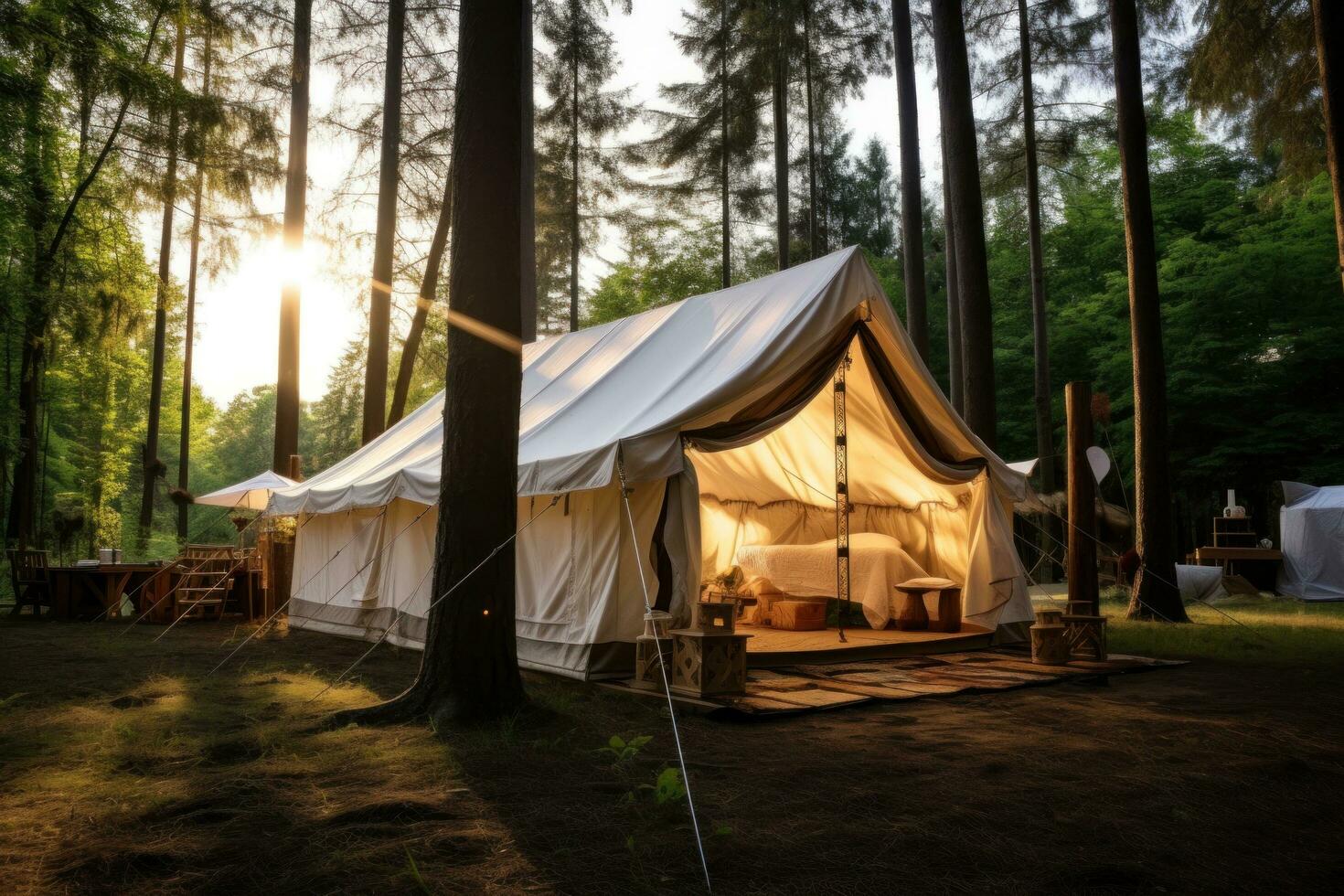 AI generated tent camping in the woods on top of a wooden deck photo