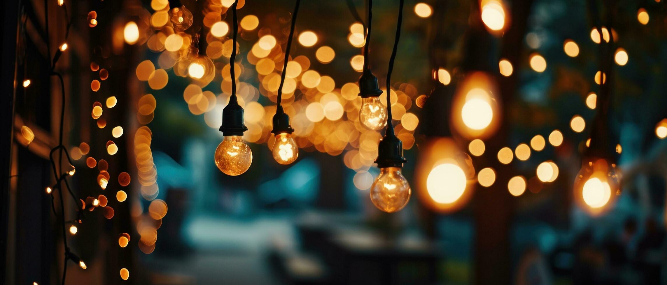 AI generated string lights hanging around outside of an event or wedding photo
