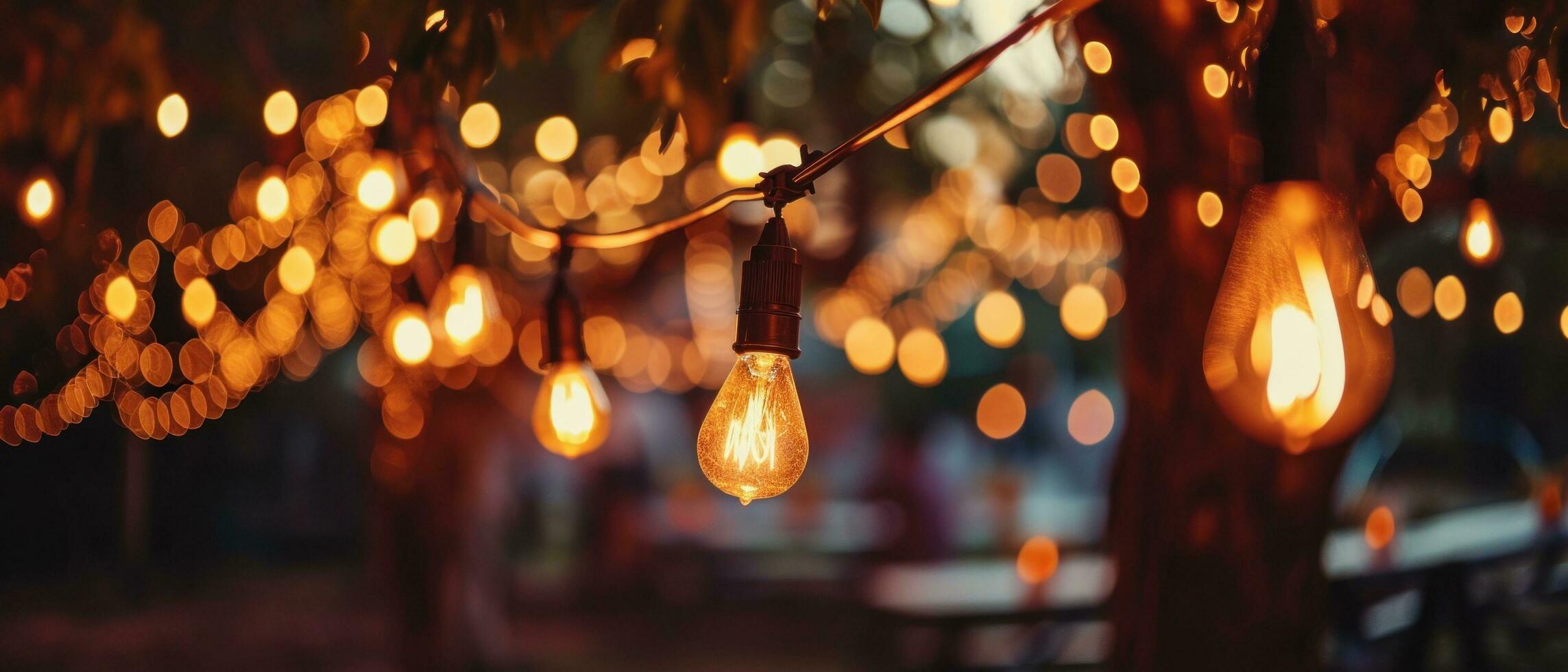AI generated string lights hanging around outside of an event or wedding photo