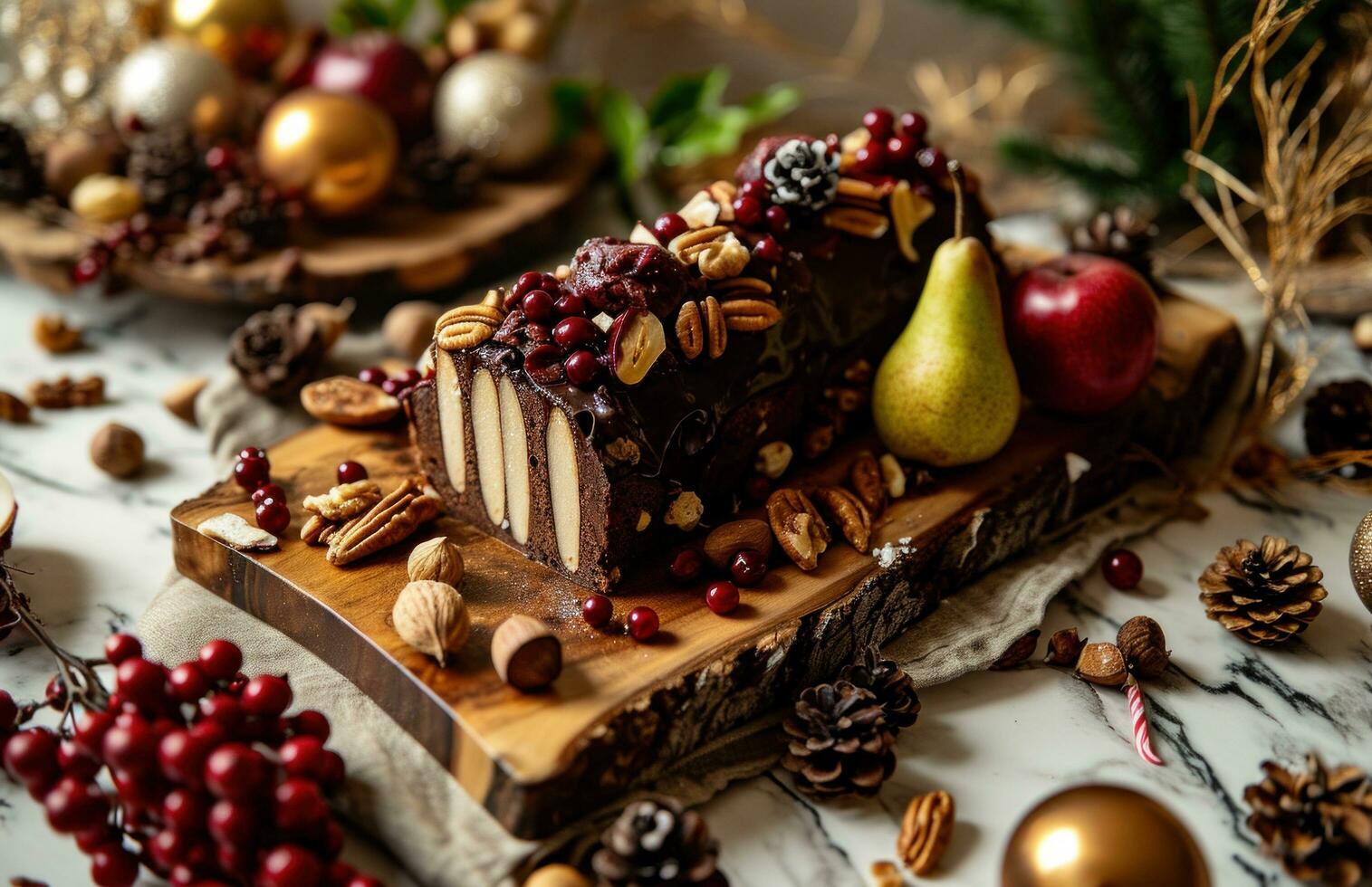 ai generado festivo Navidad tesoro rola con nueces, bayas y peras en un de madera tablero foto