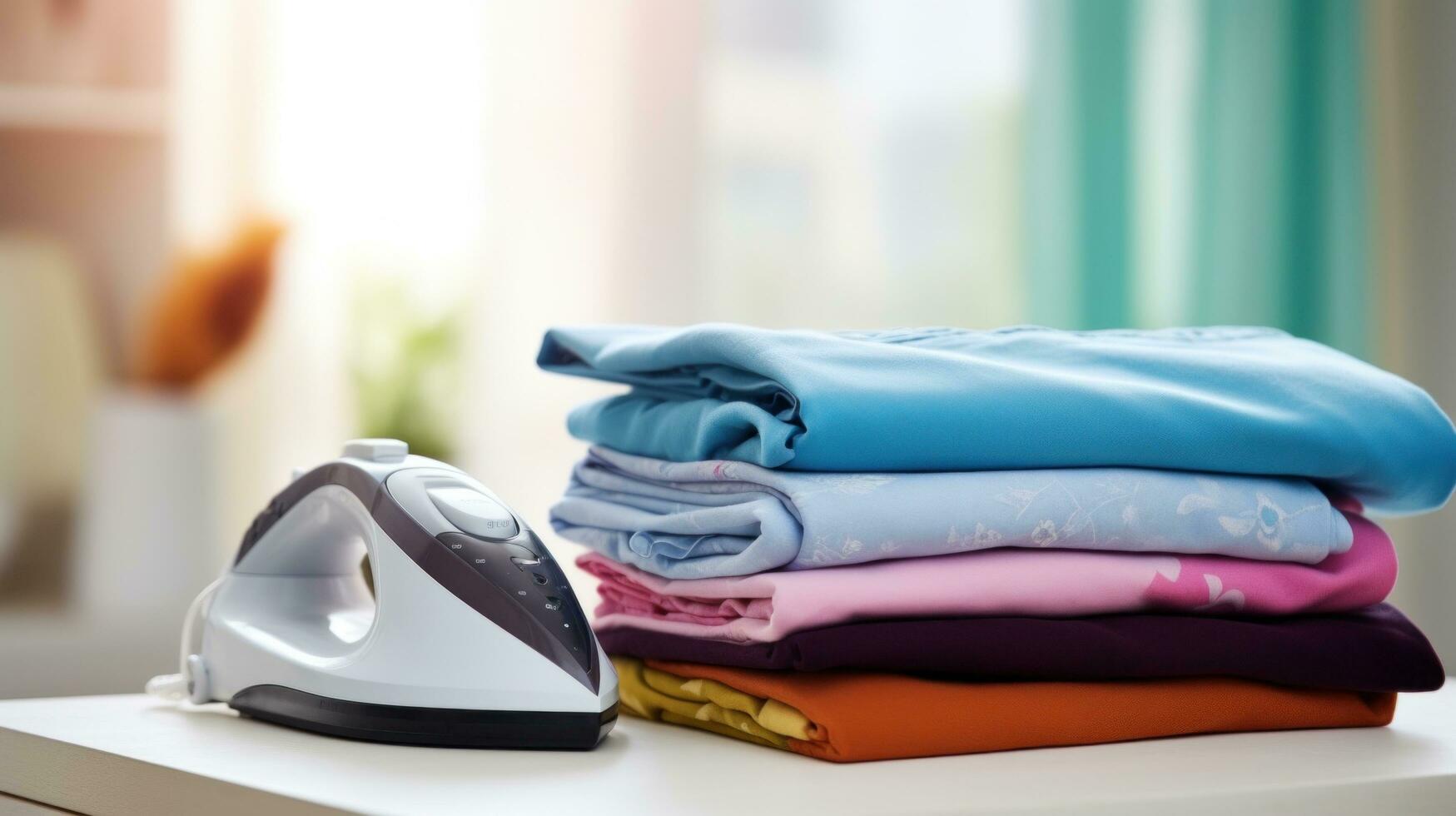 AI generated Electric iron and pile of clothes on ironing board photo