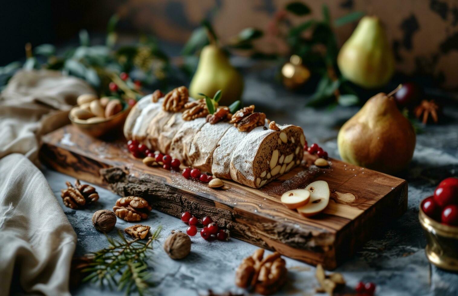 ai generado festivo Navidad tesoro rola con nueces, bayas y peras en un de madera tablero foto