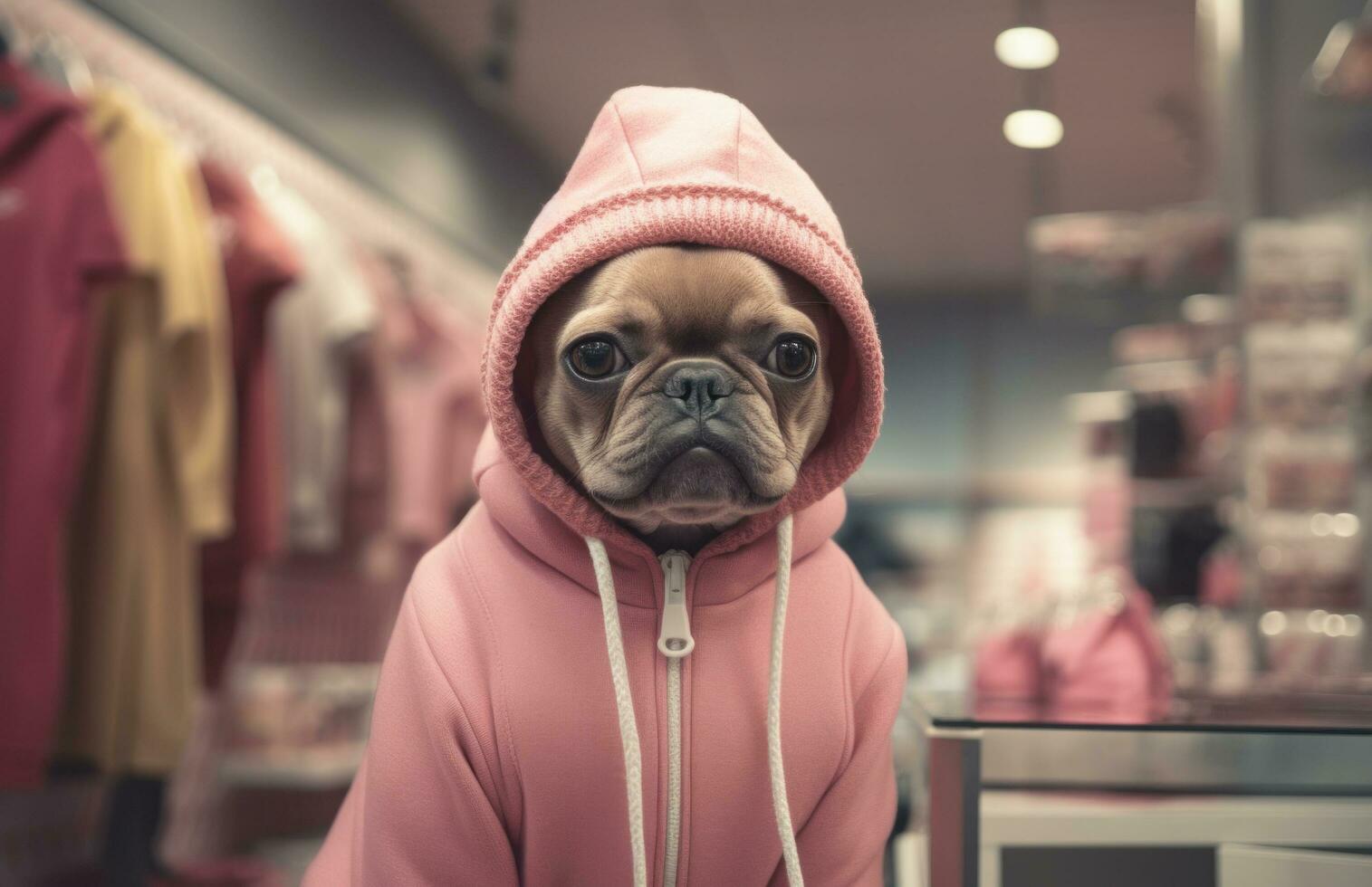 AI generated dog with a pink hooded jumper in a shop photo