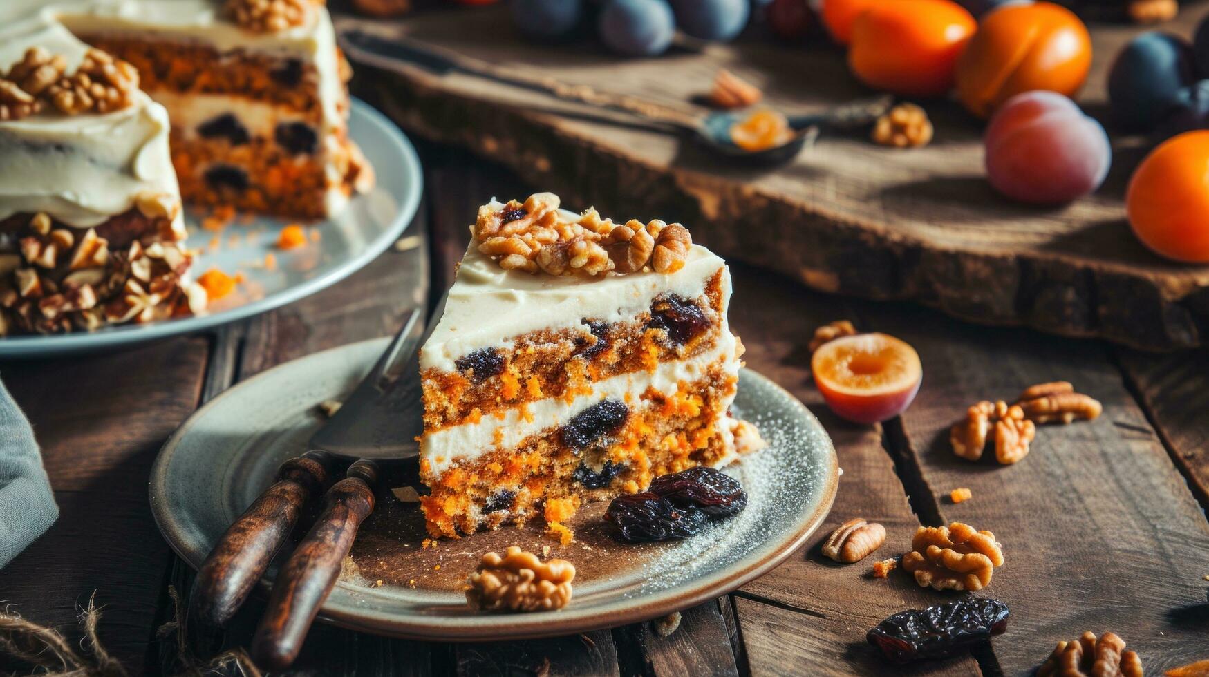 AI generated Delicious Carrot Cake with Walnuts, Prunes, and Dried Apricots photo