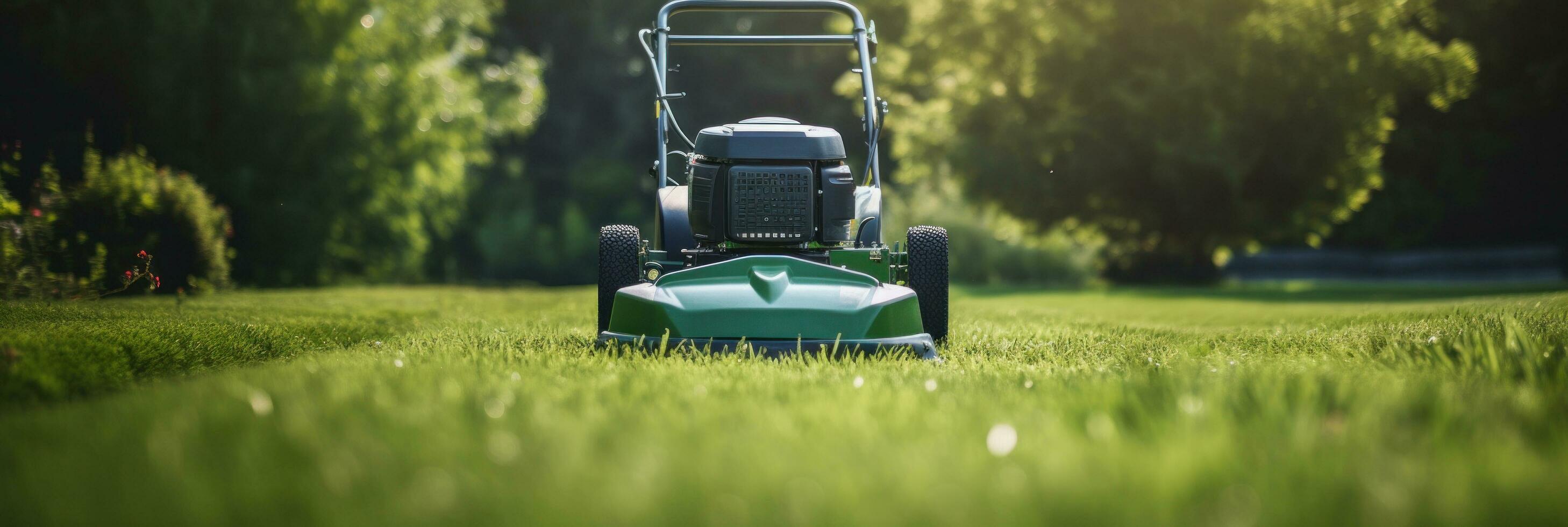 AI generated lawn mower cuts green grass photo