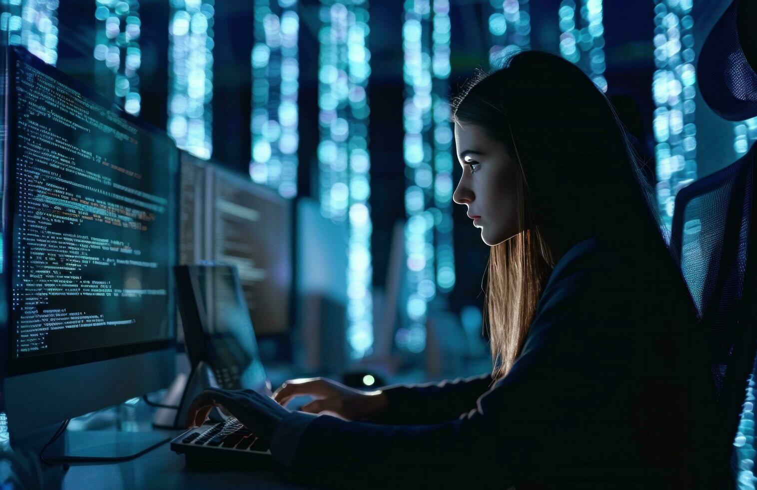 AI generated woman programming and computer in front of binary code photo