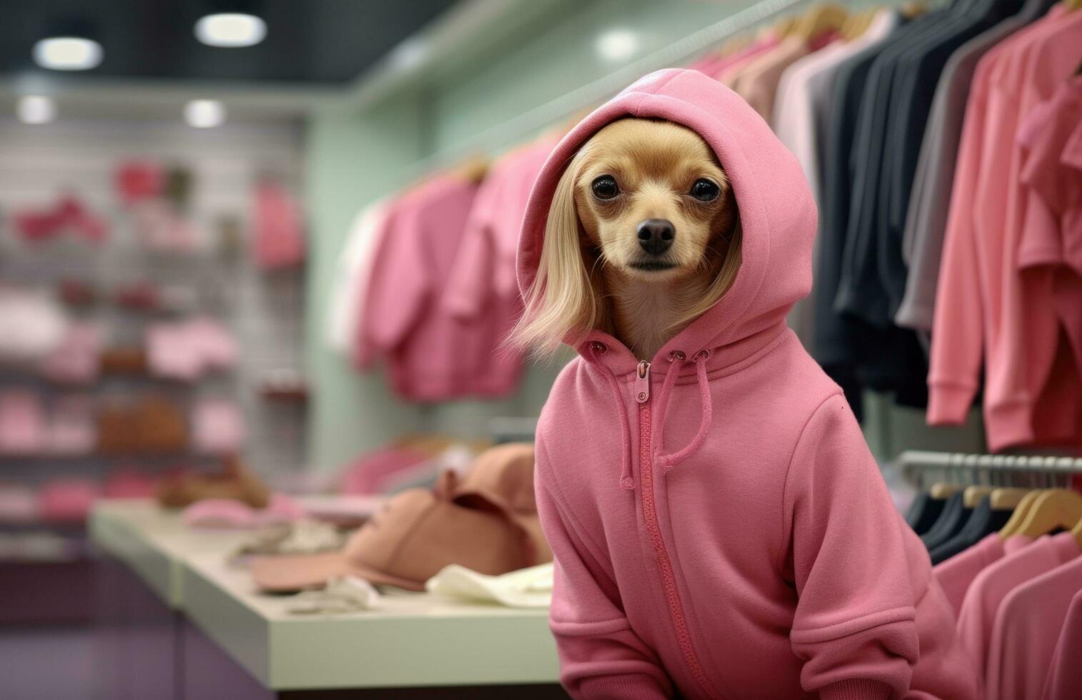 AI generated dog with a pink hooded jumper in a shop photo