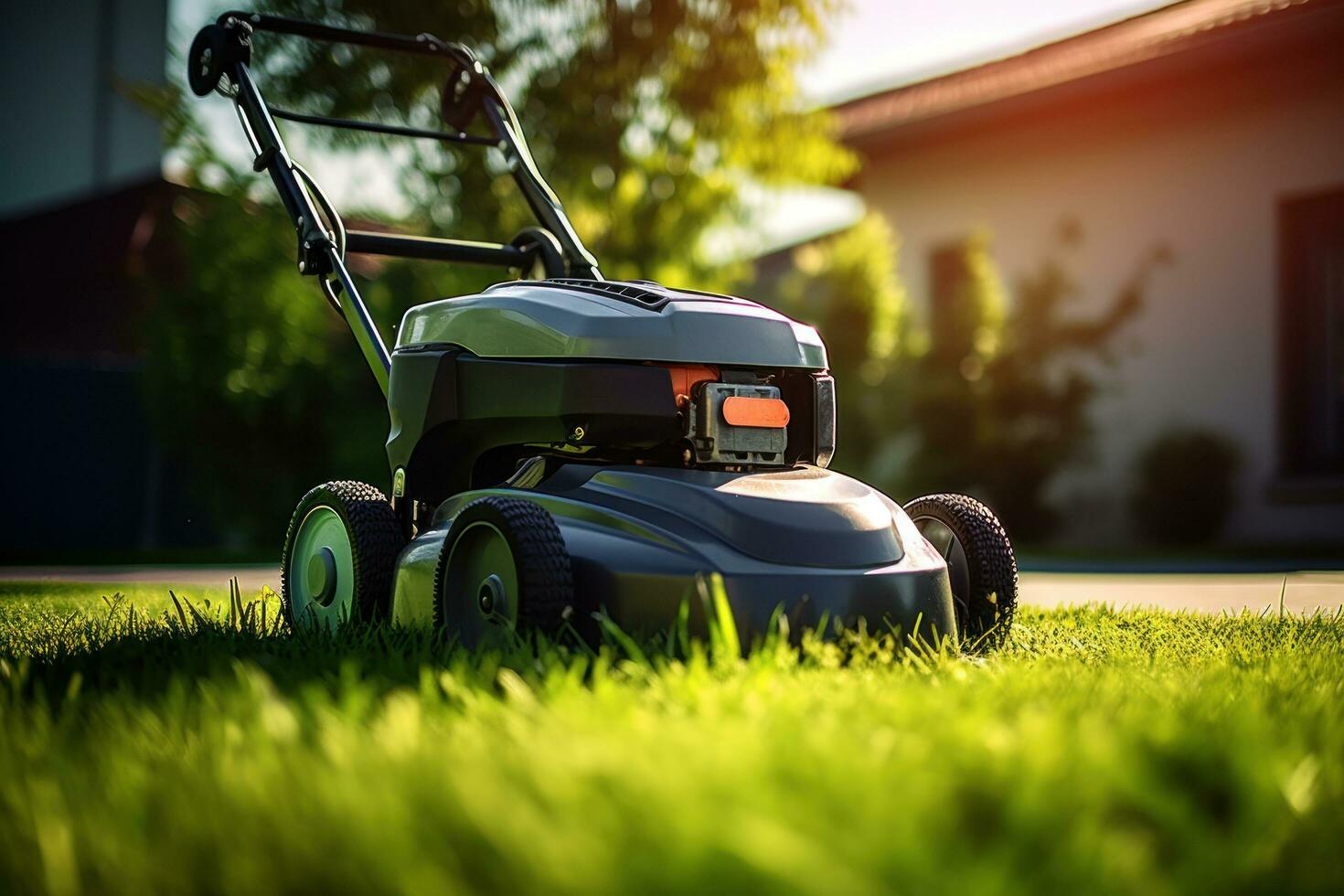 AI generated lawn mower on a green lawn with sunlight in the background photo