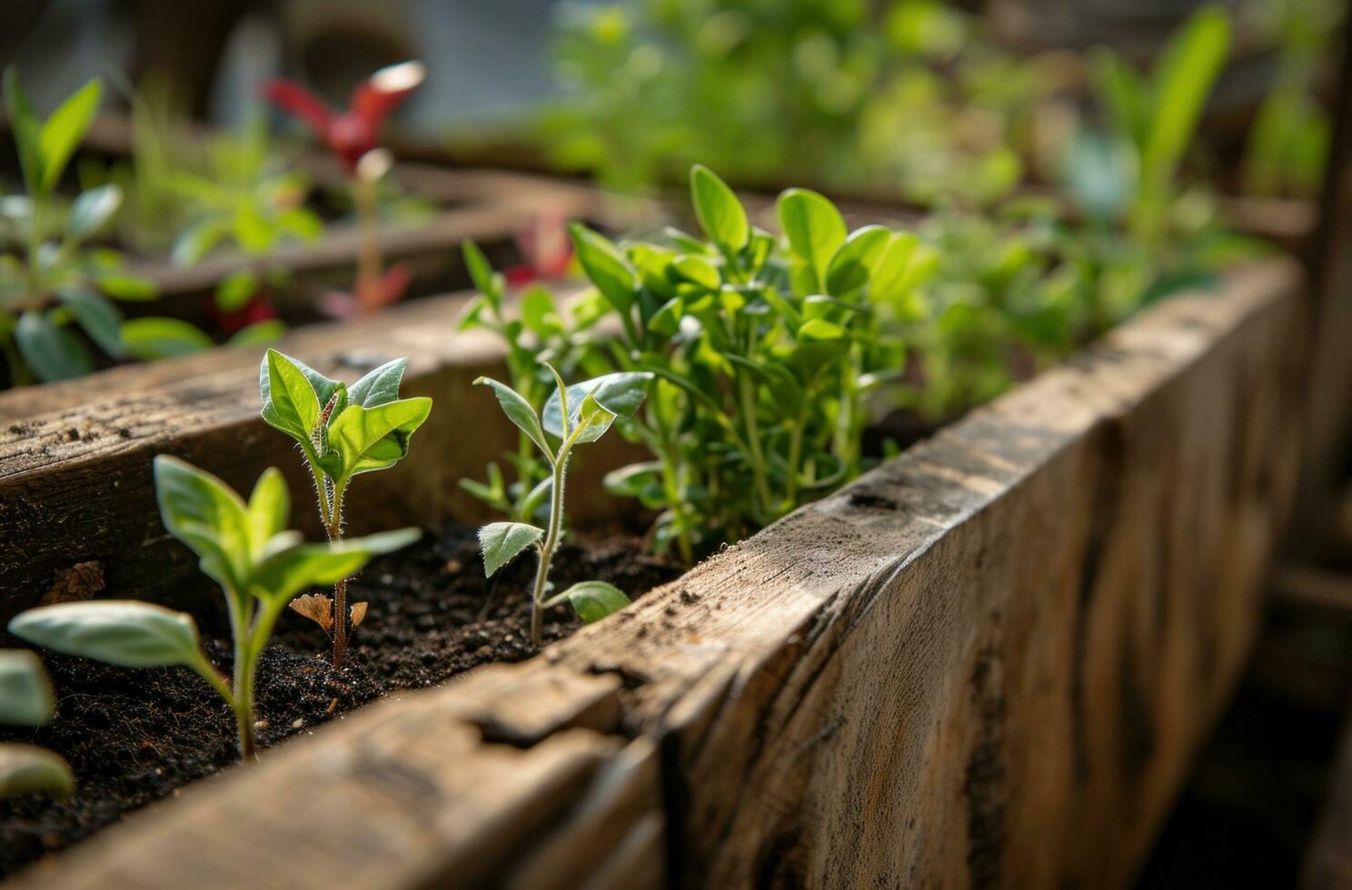 AI generated seedlings are pictured on a wooden raised bed photo