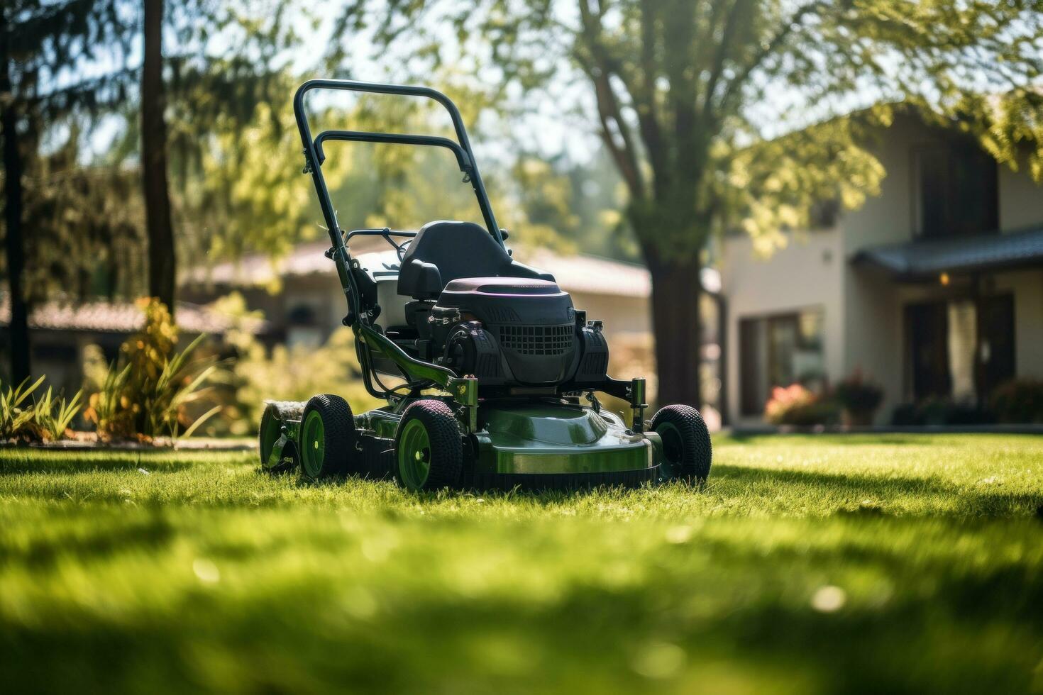 ai generado césped cortacésped en un verde césped con luz de sol en el antecedentes foto