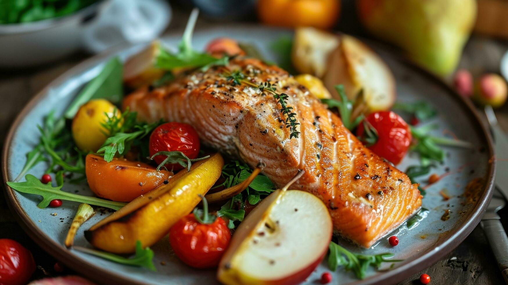 AI generated salmon, vegetables and pears on a plate photo