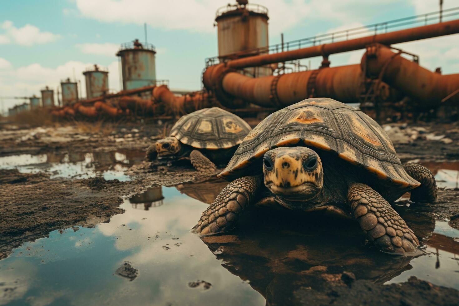 AI generated turtles with oil in their mouths photo
