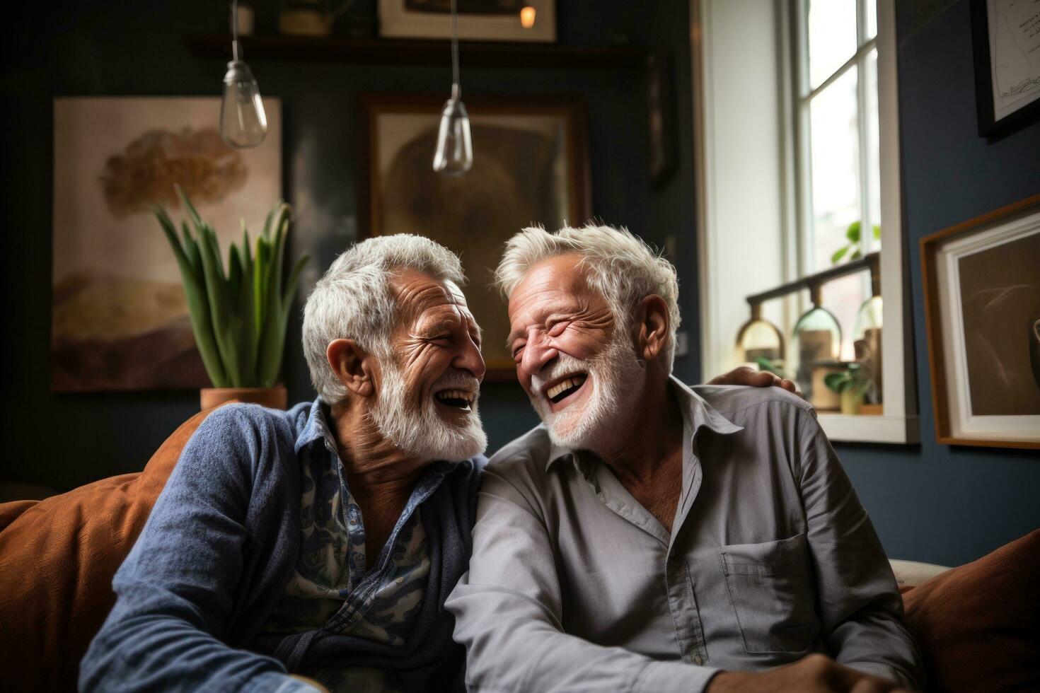 AI generated two older men are smiling in an empty room photo