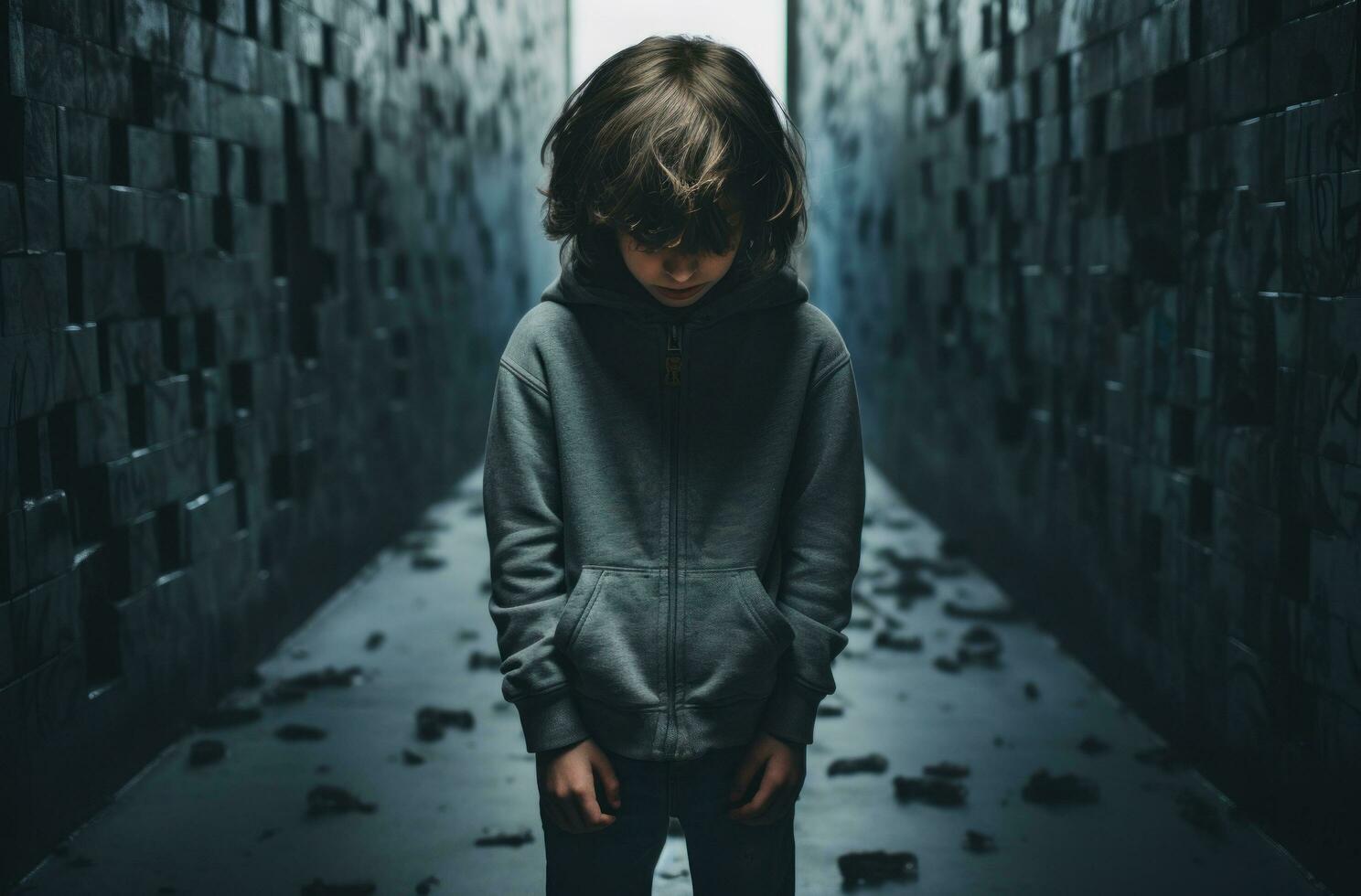 AI generated young boy with his hands on his face in an empty hallway photo