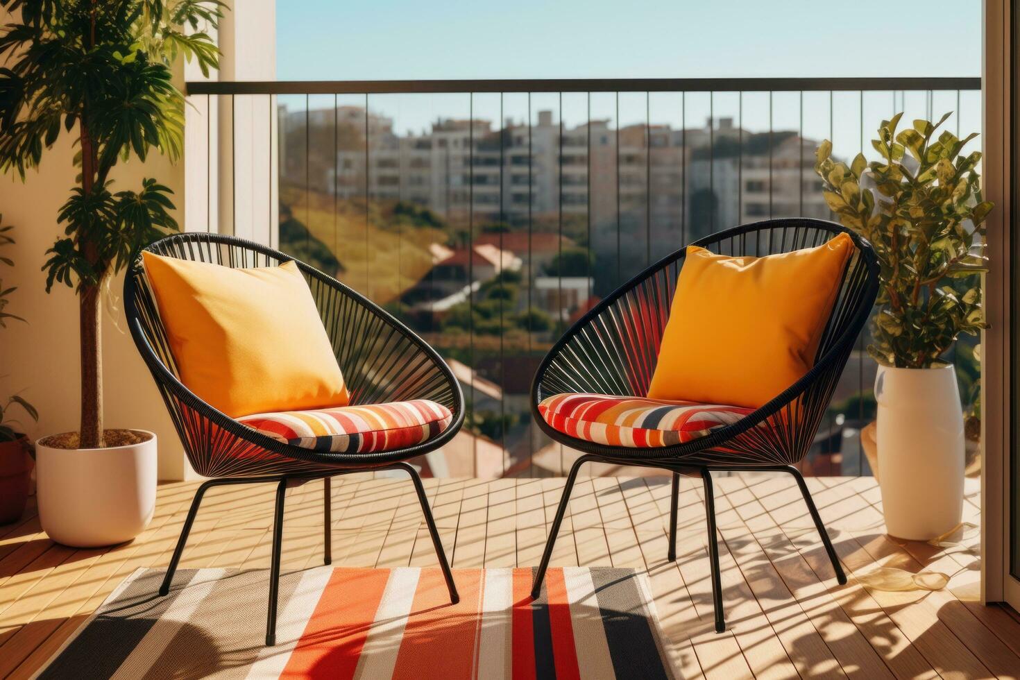 AI generated two colorful chairs on a balcony covered in colorful cloth photo