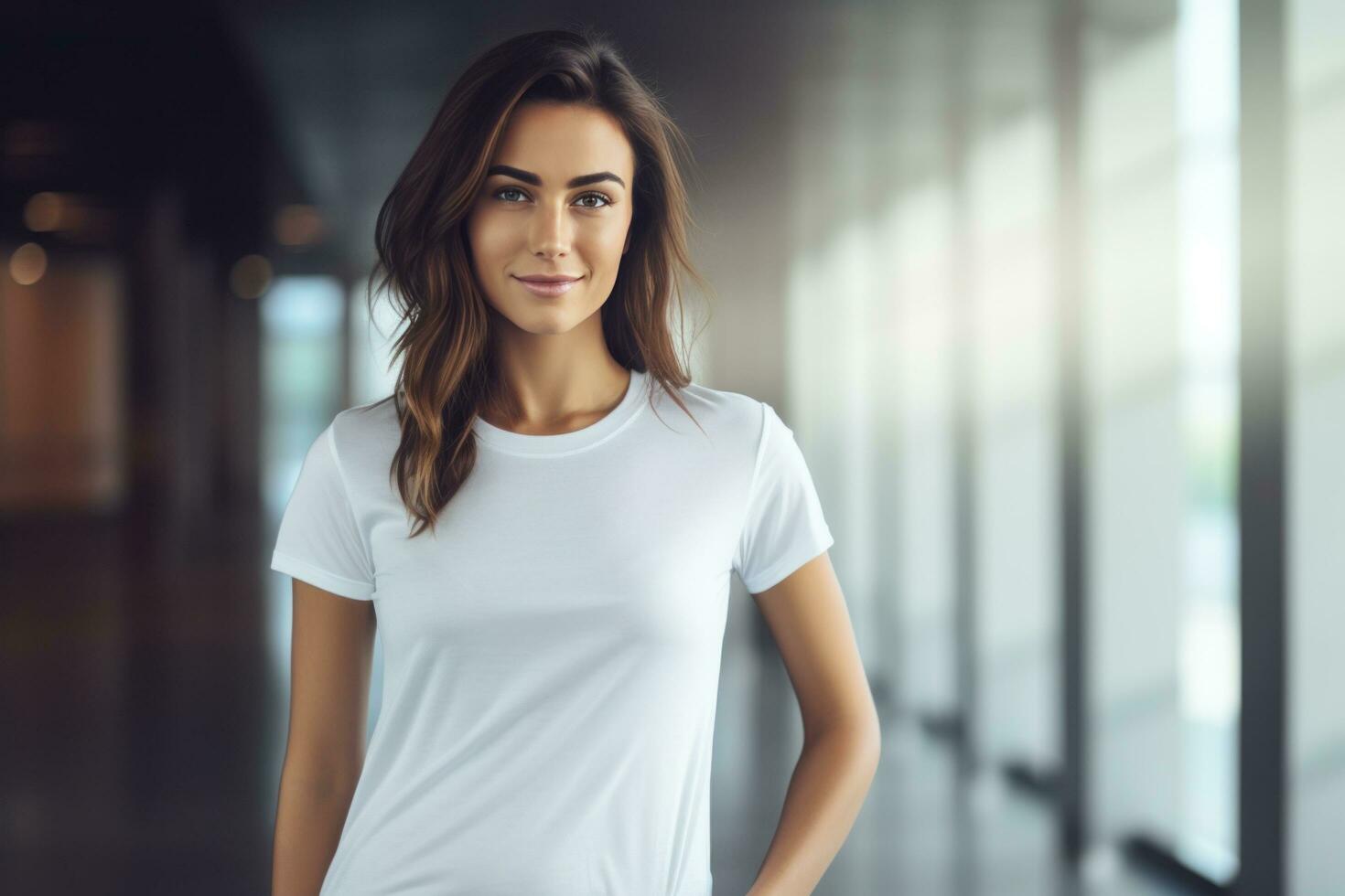 ai generado joven hermosa femenino mujer en blanco t camisa en pie por ventana a interior foto