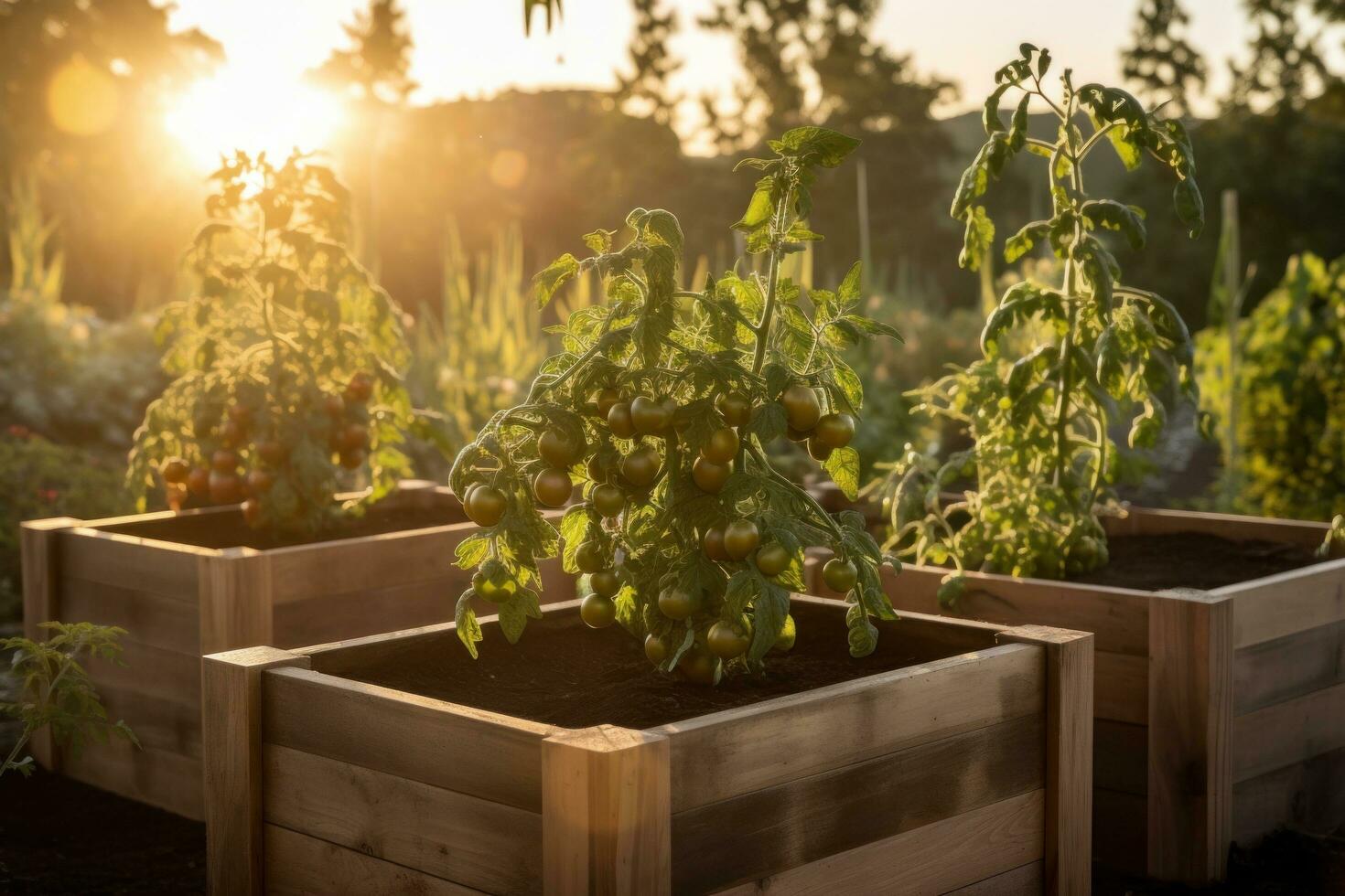 AI generated wooden raised garden boxes with tomato plants at sunset photo