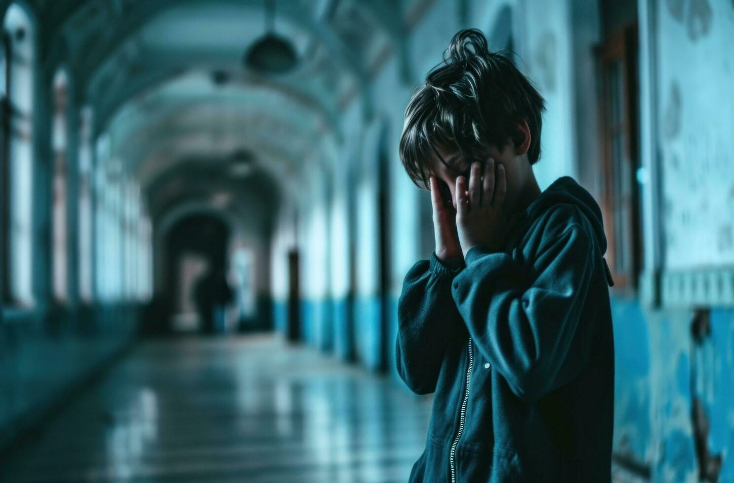 AI generated young boy covering his face as he passes on the hallway photo