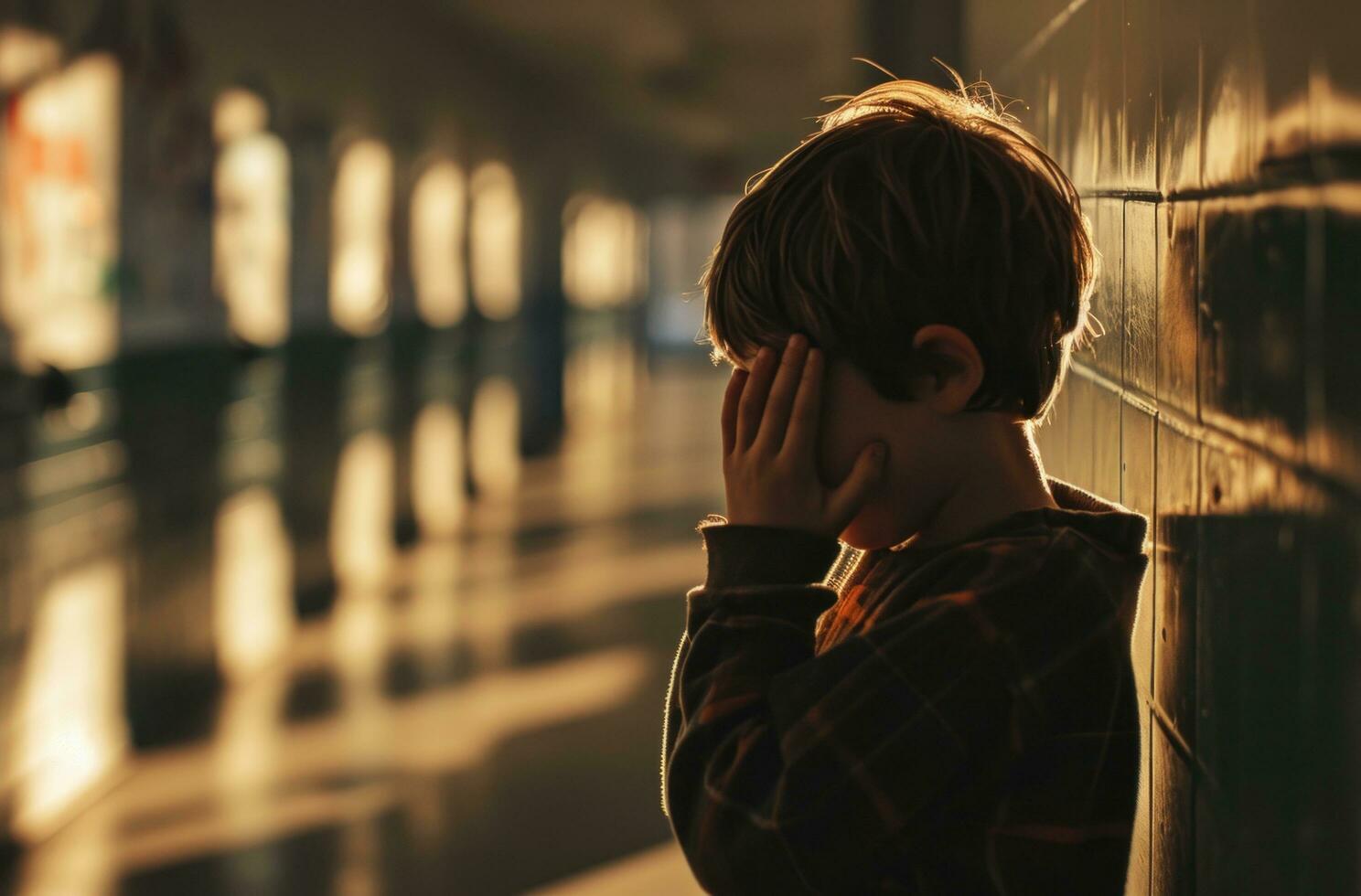 AI generated young boy covering his face as he passes on the hallway photo