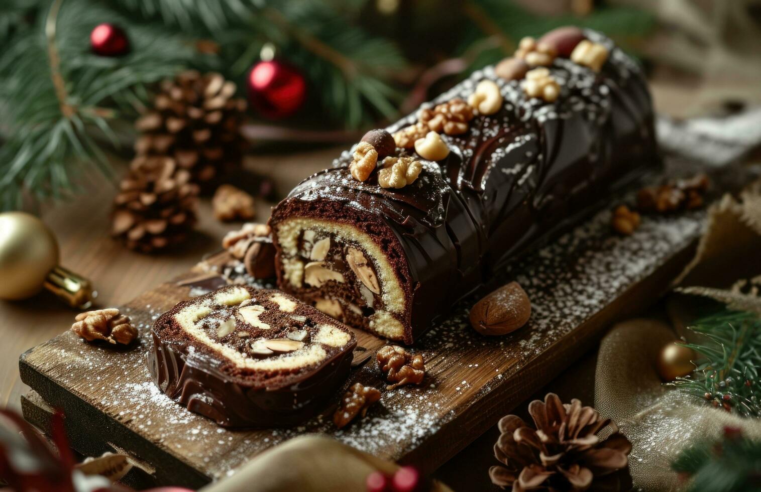 AI generated the christmas rolled cake with chocolate and nuts on a rustic wooden tray, photo