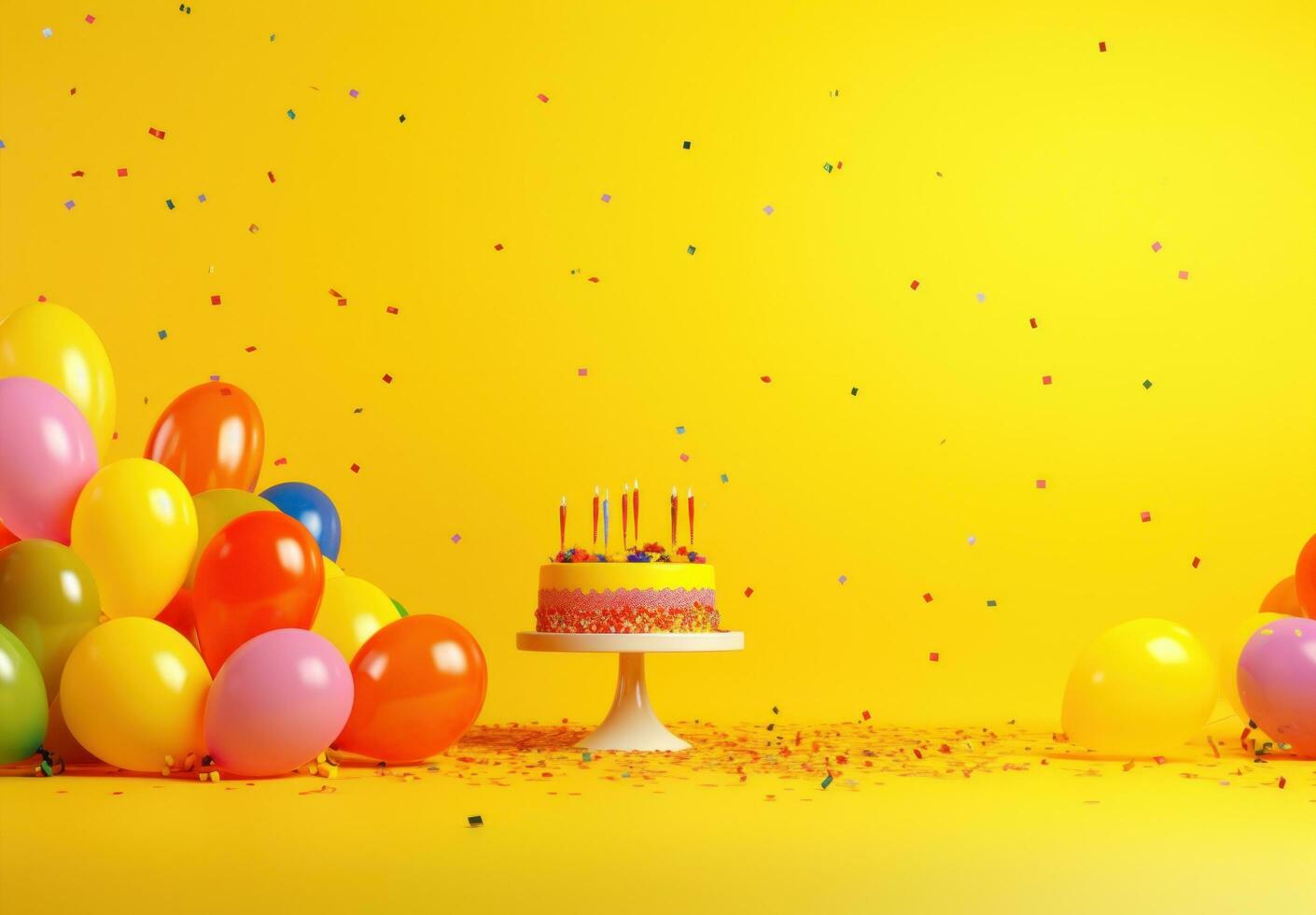 AI generated party table isolated on yellow background with colorful balloons around, photo