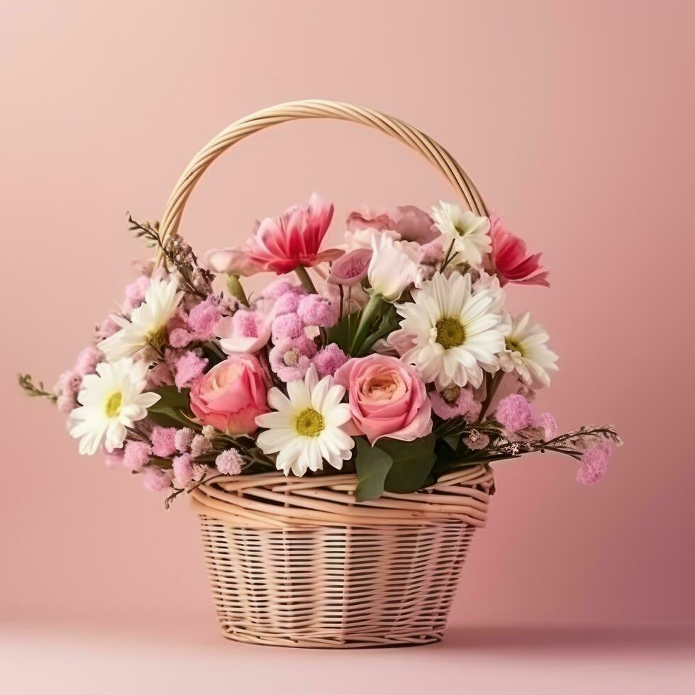 AI generated A beautifully arranged bouquet of spring flowers in a basket on a pastel pink photo