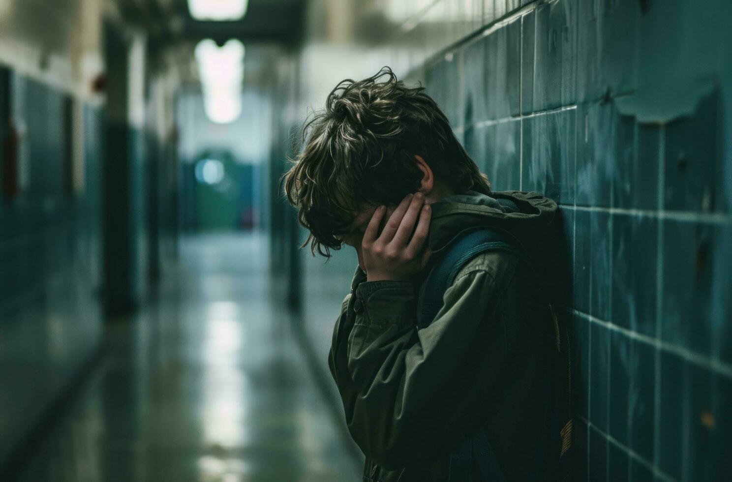 AI generated young boy covering his face as he passes on the hallway photo