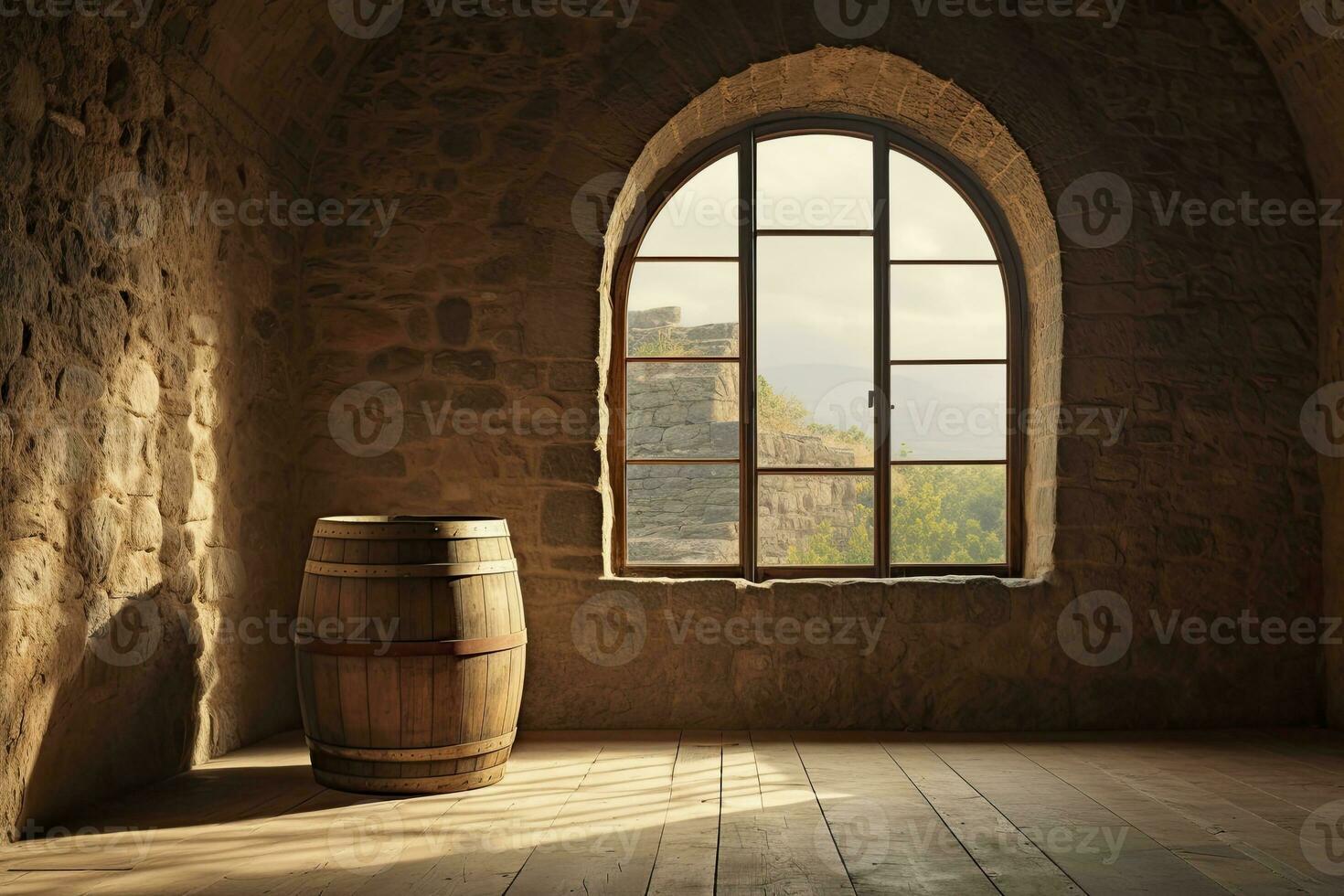 AI generated Barrel in an ancient castle beside the window. AI Generated photo
