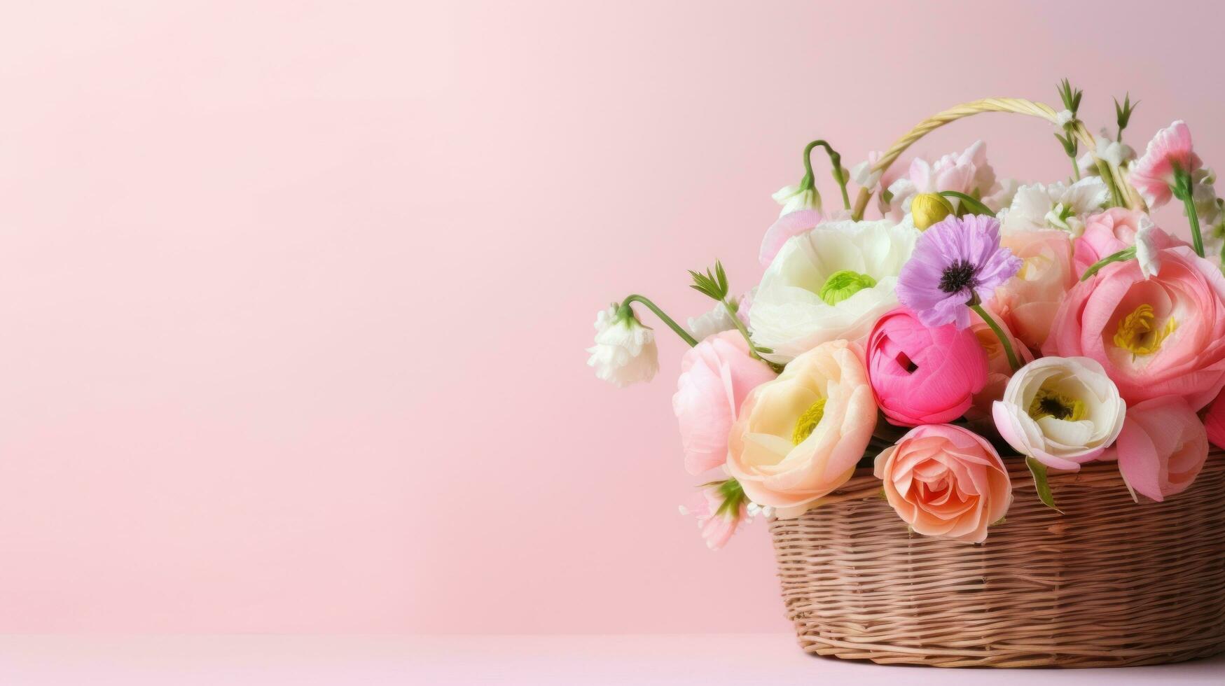 ai generado un hermosamente arreglado ramo de flores de primavera flores en un cesta en un pastel rosado foto