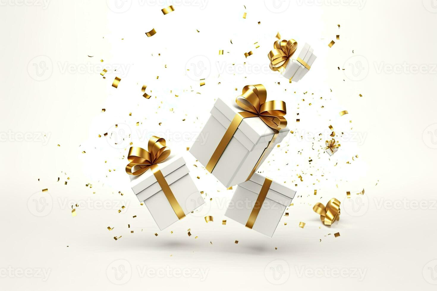 AI generated Merry New Year and Merry Christmas 2024 white gift boxes with golden bows and gold sequins confetti on white background. AI Generated photo