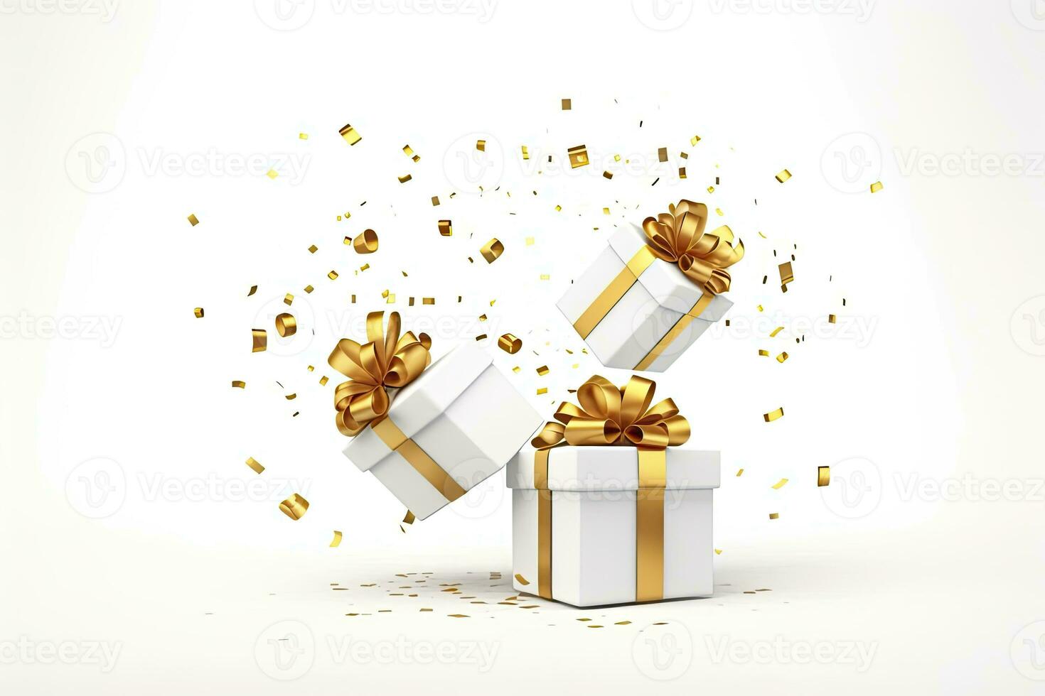 AI generated Merry New Year and Merry Christmas 2024 white gift boxes with golden bows and gold sequins confetti on white background. AI Generated photo