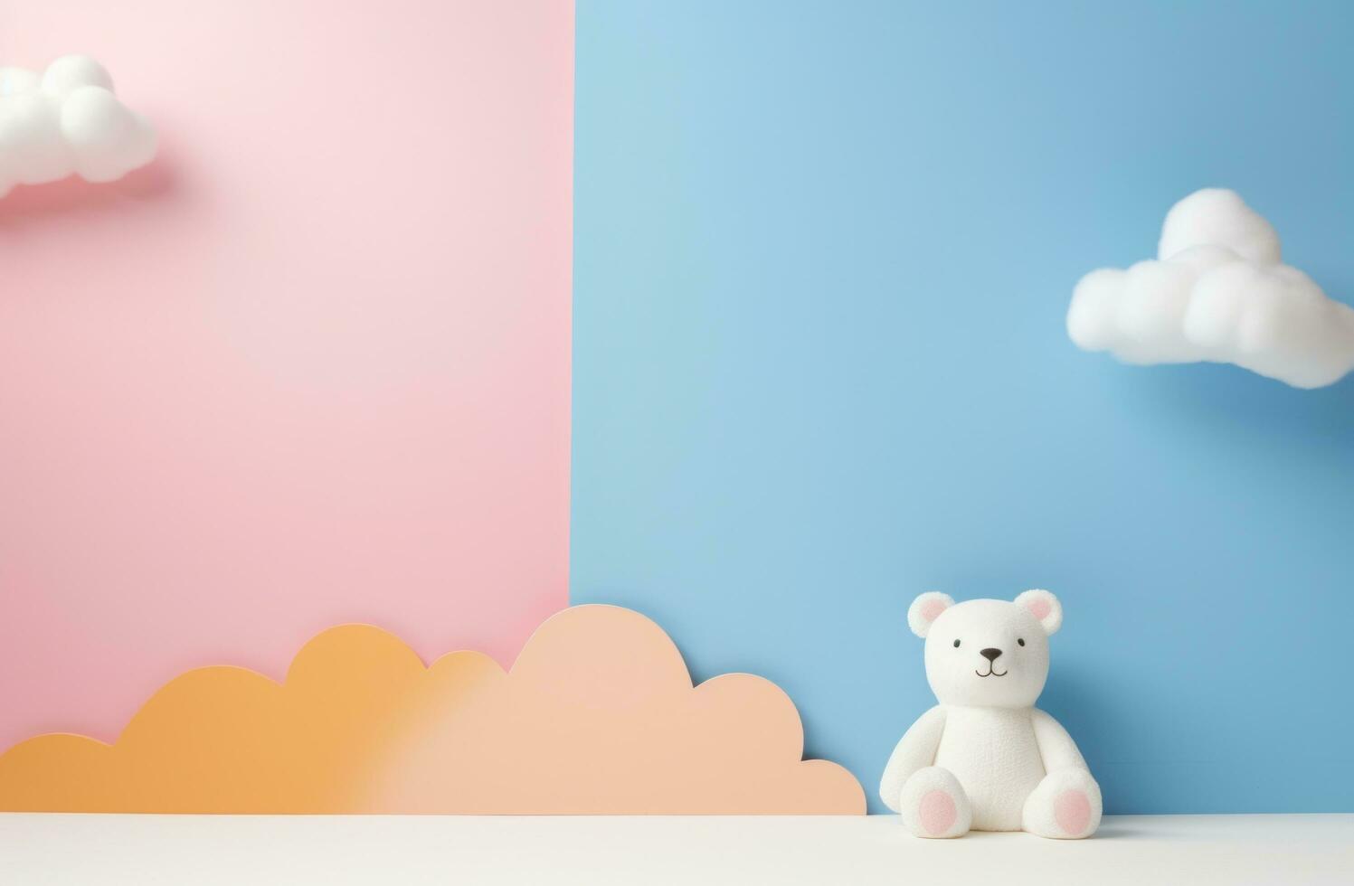 AI generated pink and blue wall and cloud white bear, photo