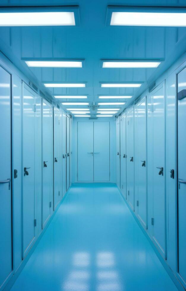 AI generated six metal doors in a white and blue building, photo