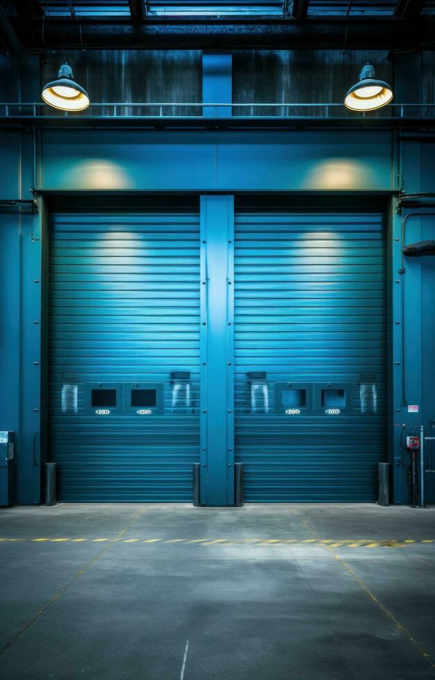 AI generated three blue garage doors are shown in the middle of the space, industrial design, photo