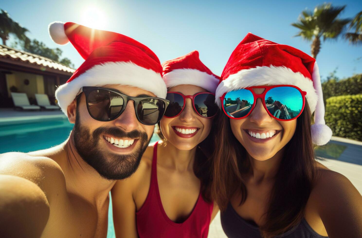 AI generated three friends taking selfies with santa hats, photo