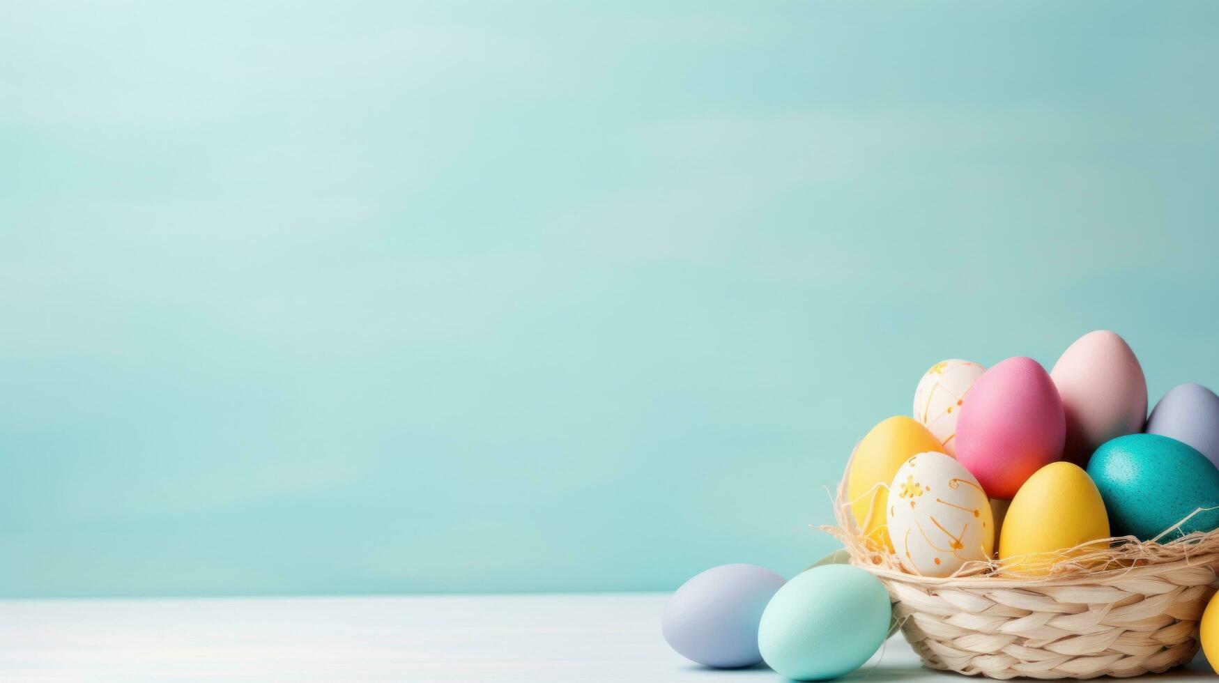 AI generated backet with easter colorful eggs, minimalist background, photo