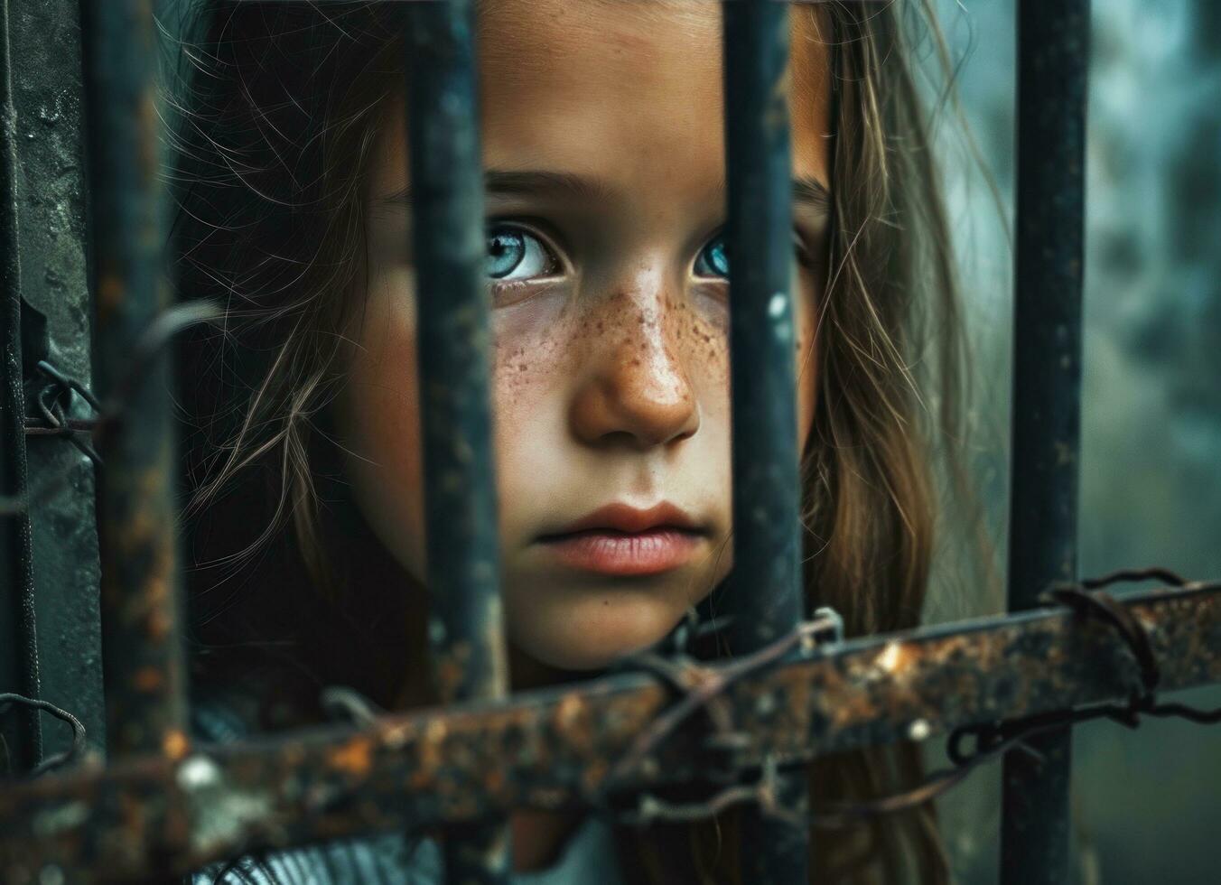 AI generated young girl staring through bars with sad look documentary, colorized photo