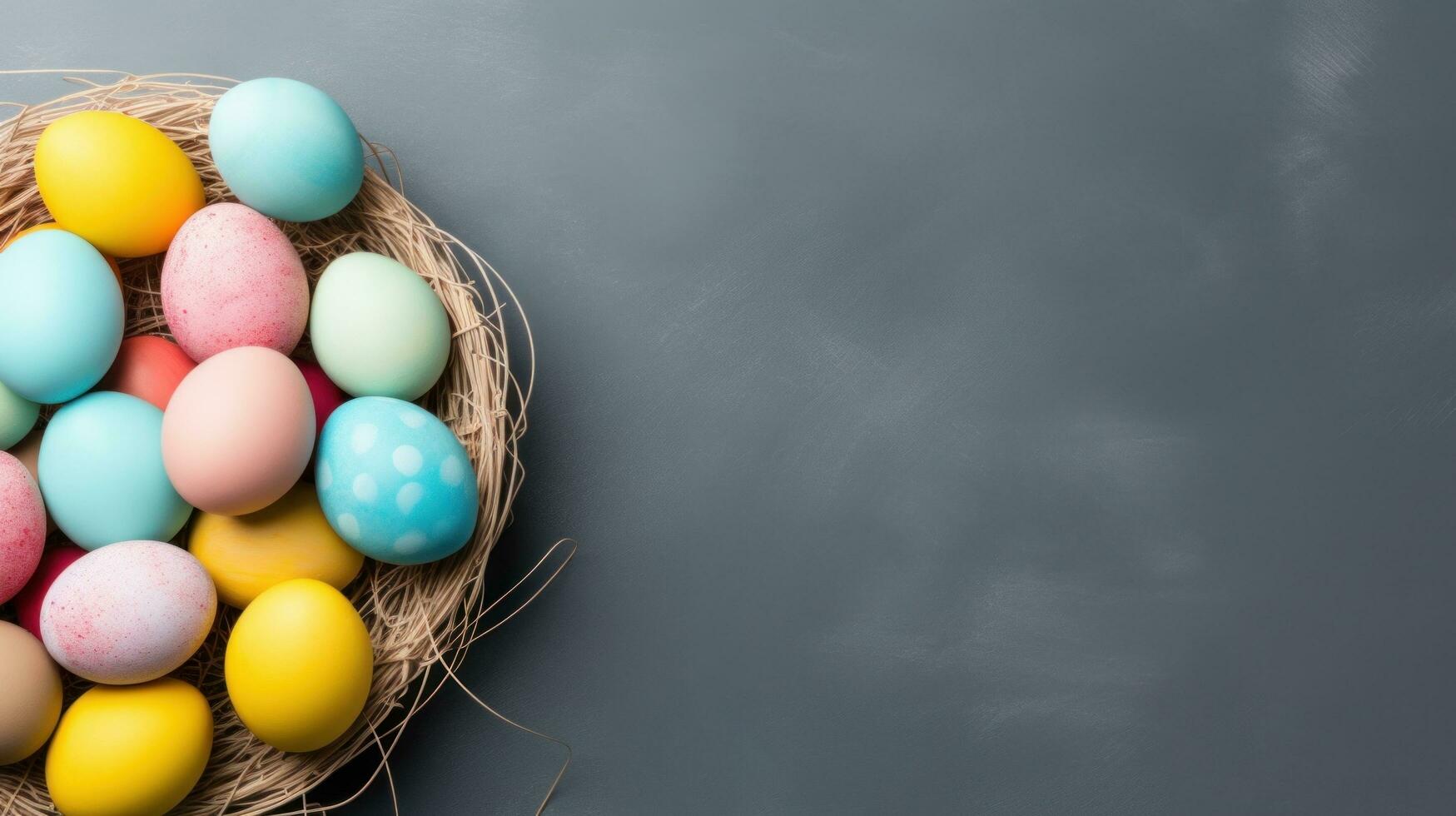 AI generated backet with easter colorful eggs, minimalist background, photo