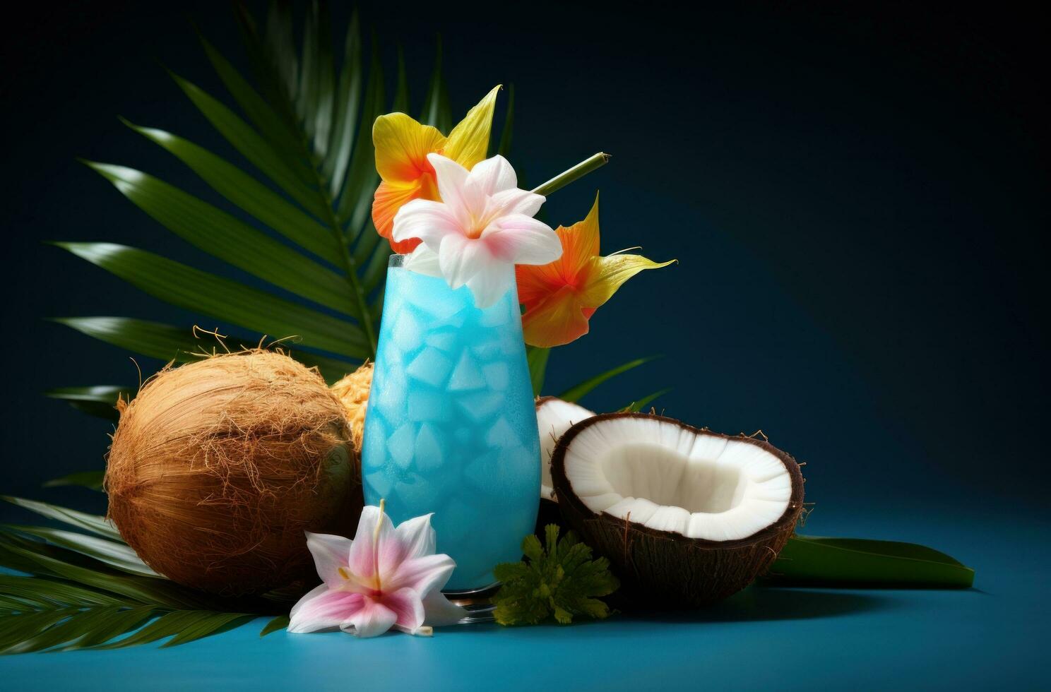 AI generated arrangement of coconut, pineapple, hibiscus, photo