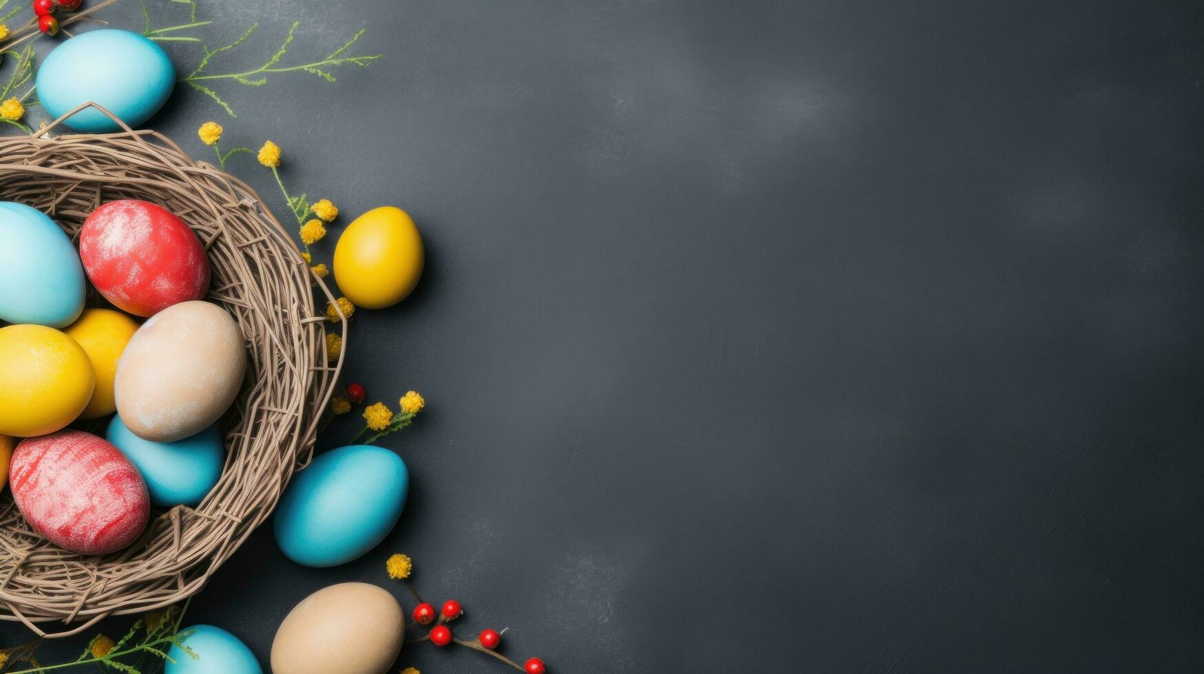 AI generated backet with easter colorful eggs, minimalist background, photo