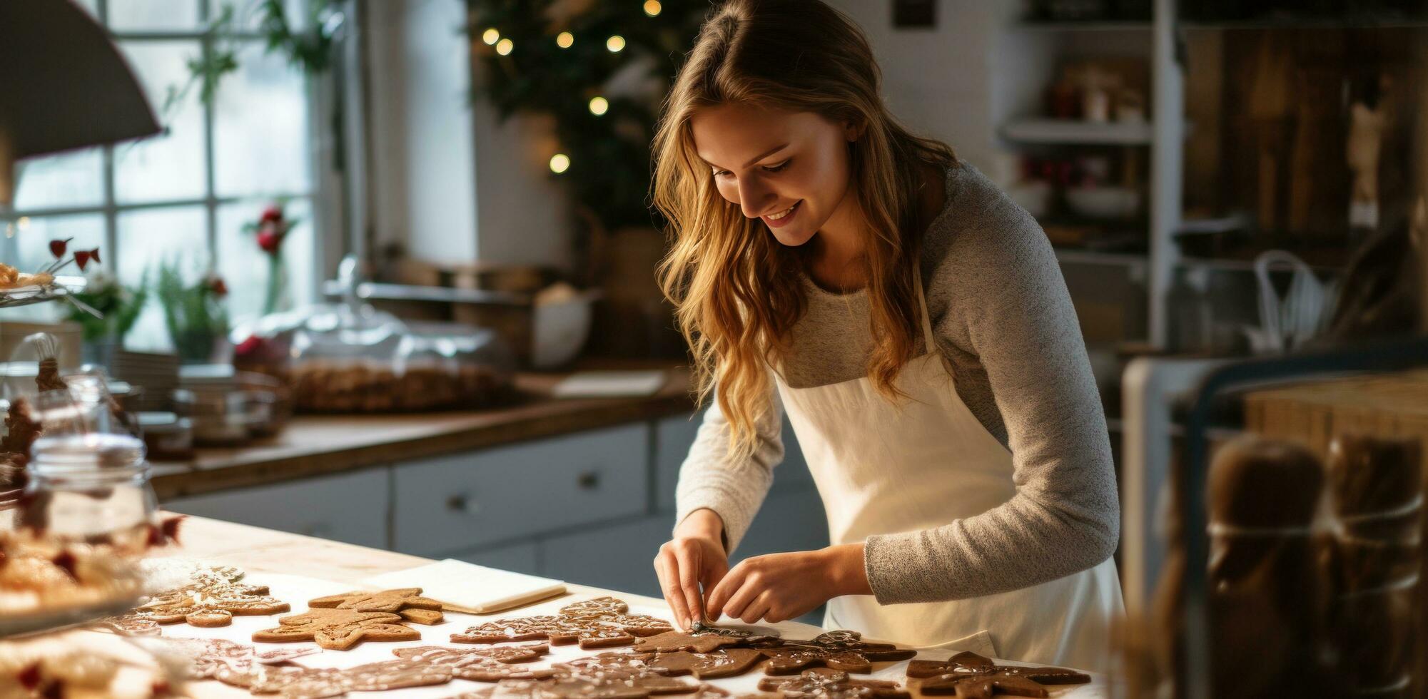 AI generated woman baking with cookie cutters in a cafe, photo