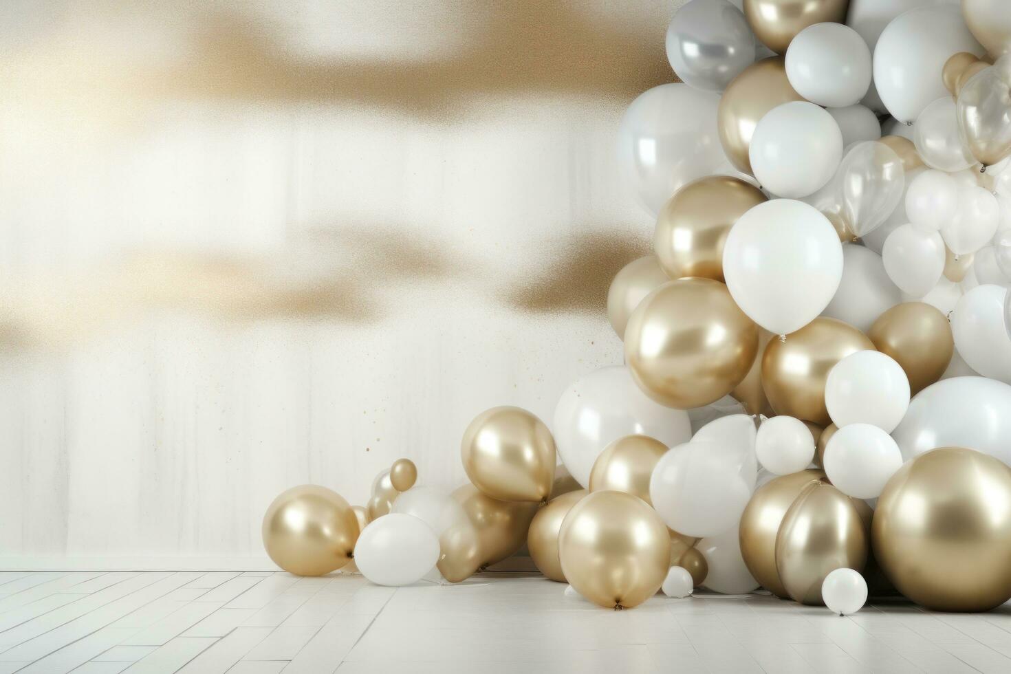 AI generated white and gold balloons on the background, photo