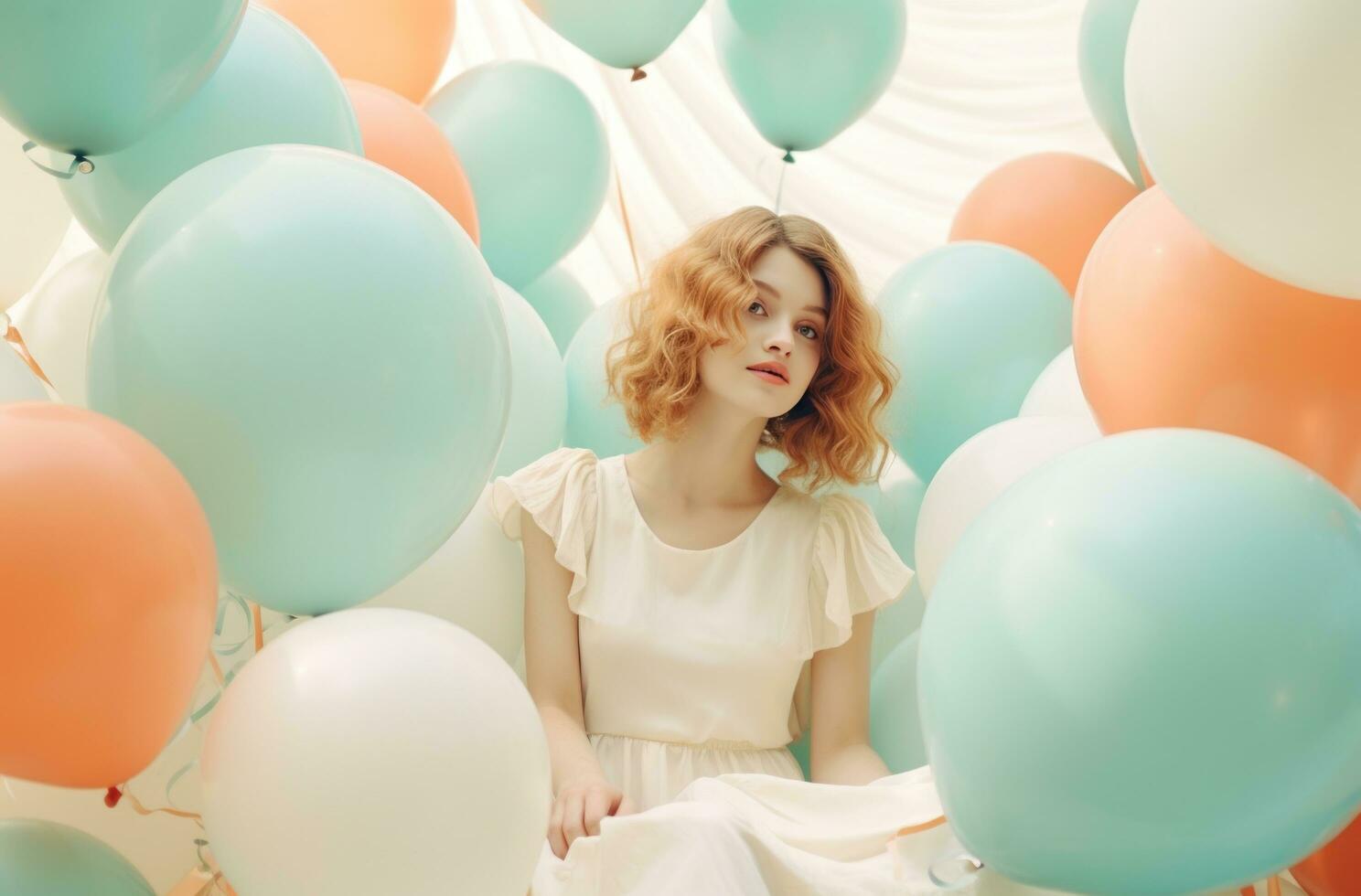 AI generated blue balloons background, light crimson and light beige, photo